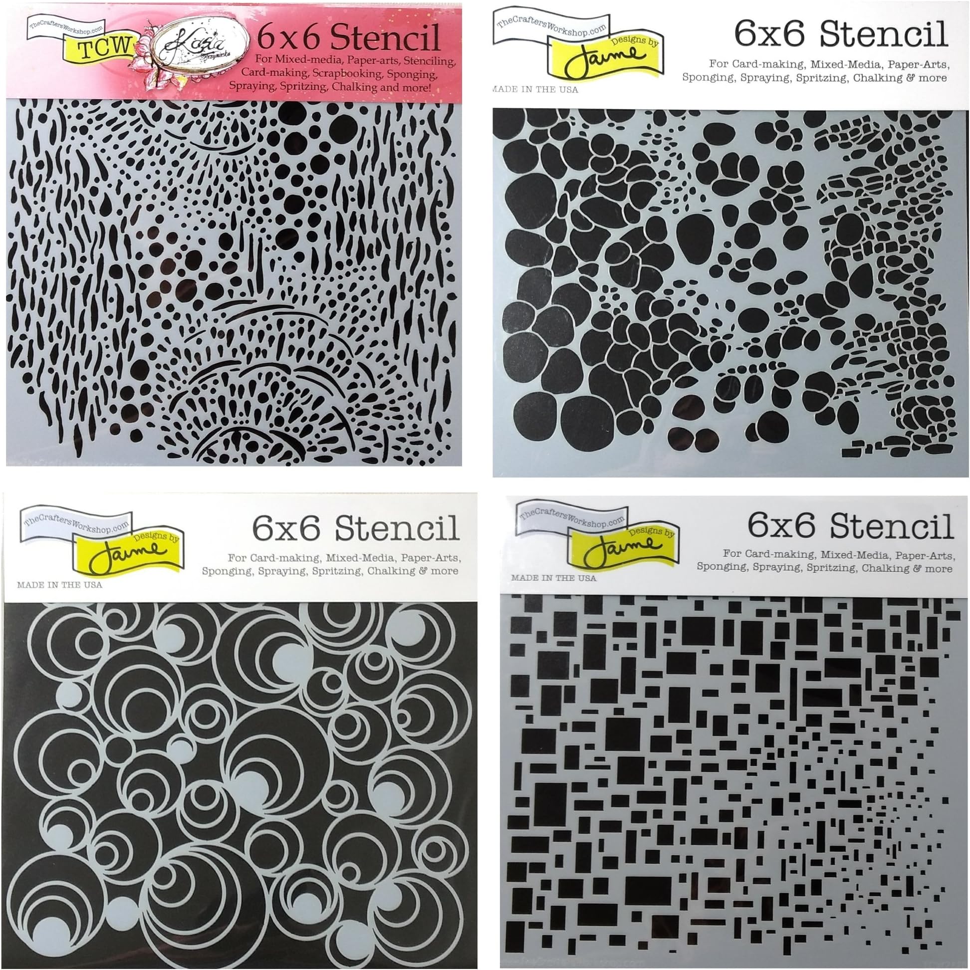 CRAFTERS WORKSHOP 4 Mixed Media Stencils Set | for Arts, Card Making, Journaling, Scrapbooking | 6 inch x 6 inch Templates | Cell Theory, Mod Spirals, Cubist, Sea Bubbles (Оne Расk)