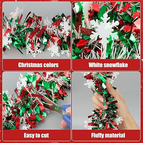 Miniatura 3 de Guirnalda de oropel de copo de nieve de Navidad de 50 pies, guirnalda colgante de torsión metálica roja y verde con purpurina gruesa de copo de