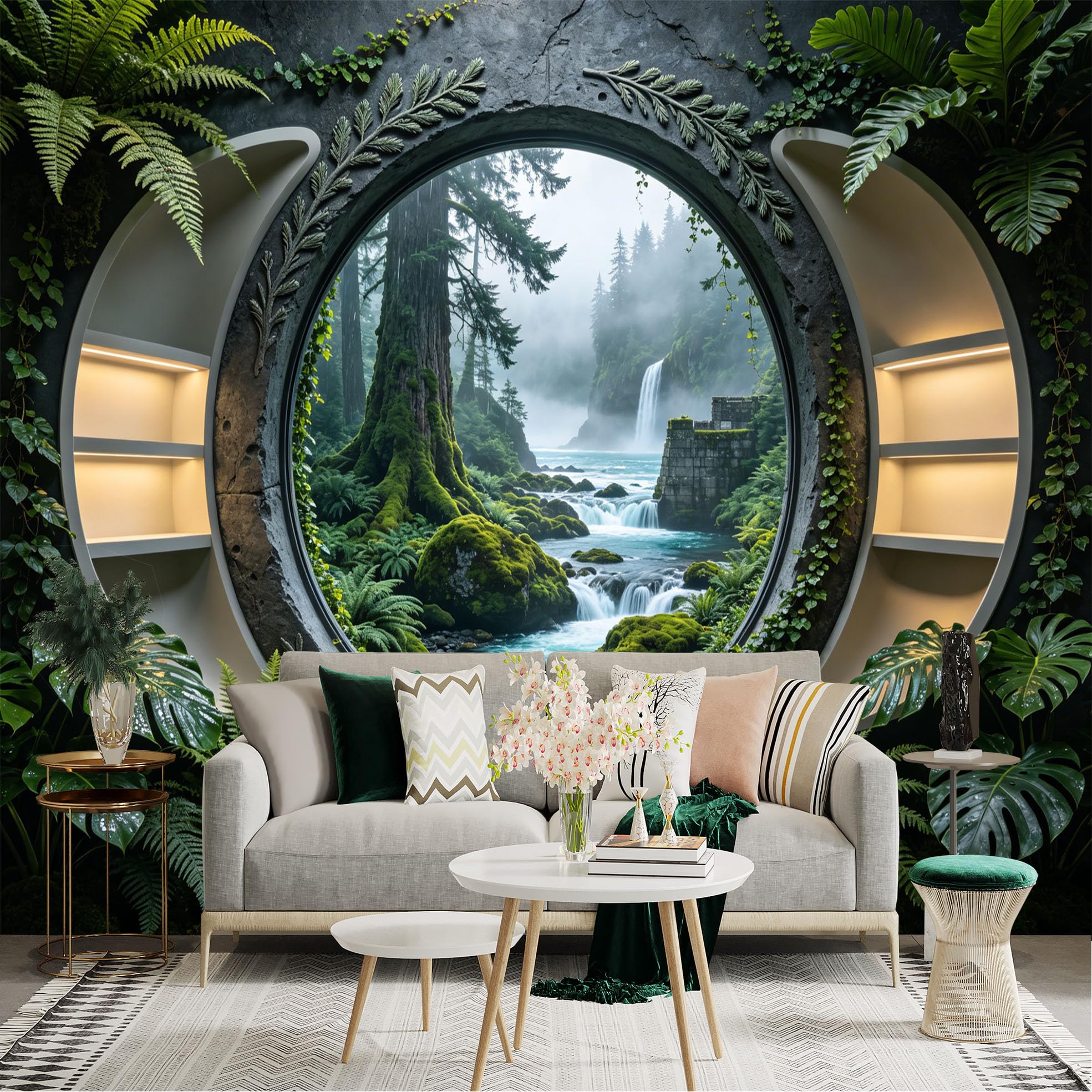 Lnzczhyre Dbh260521018 Custom Size Wall Sticker Mural， Misty Forest Waterfall， Tropical Ferns， Mossy River Landscape， Stone Frame Archway View， For Wall Decoration， Peelandstick Wall Decals.