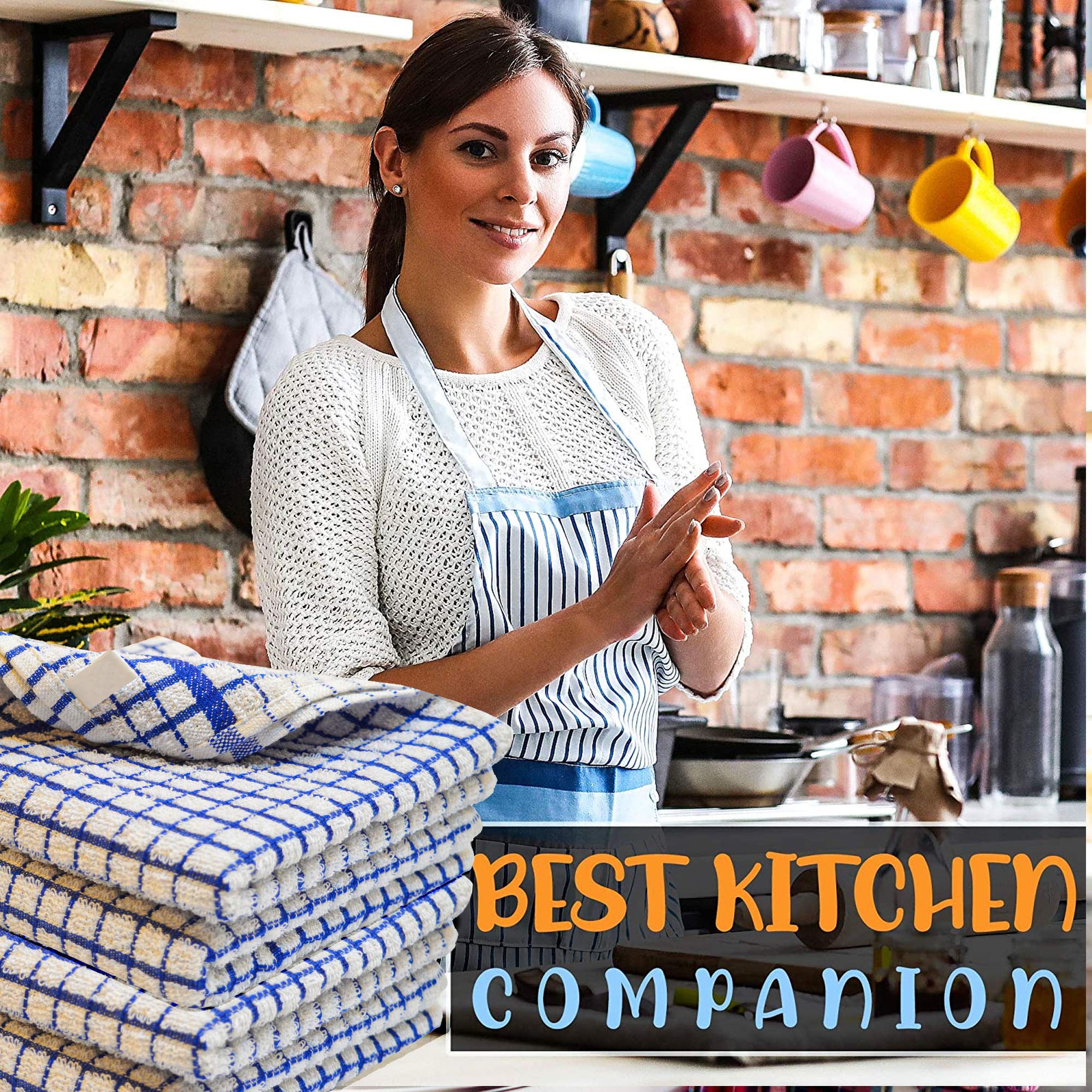 Xelay Kitchen Tea Towels 100% Cotton Dishcloths Wonderdry For Dish Drying Washing Reusable Absorbent Terry Unpaper Cleaning Cloths Machine Washable – 40cm x 60cm (Blue/White Jumbo Check Pack of 4) — view 8