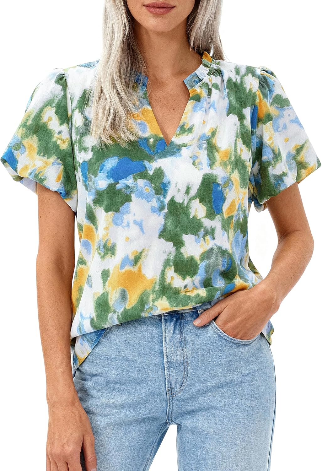 MASCOMODA Boho Short Sleeve Floral Work Blouses for Women Dressy Casual V Neck Puff Sleeve Loose Chiffon Flowy Tops Shirts - Image 2