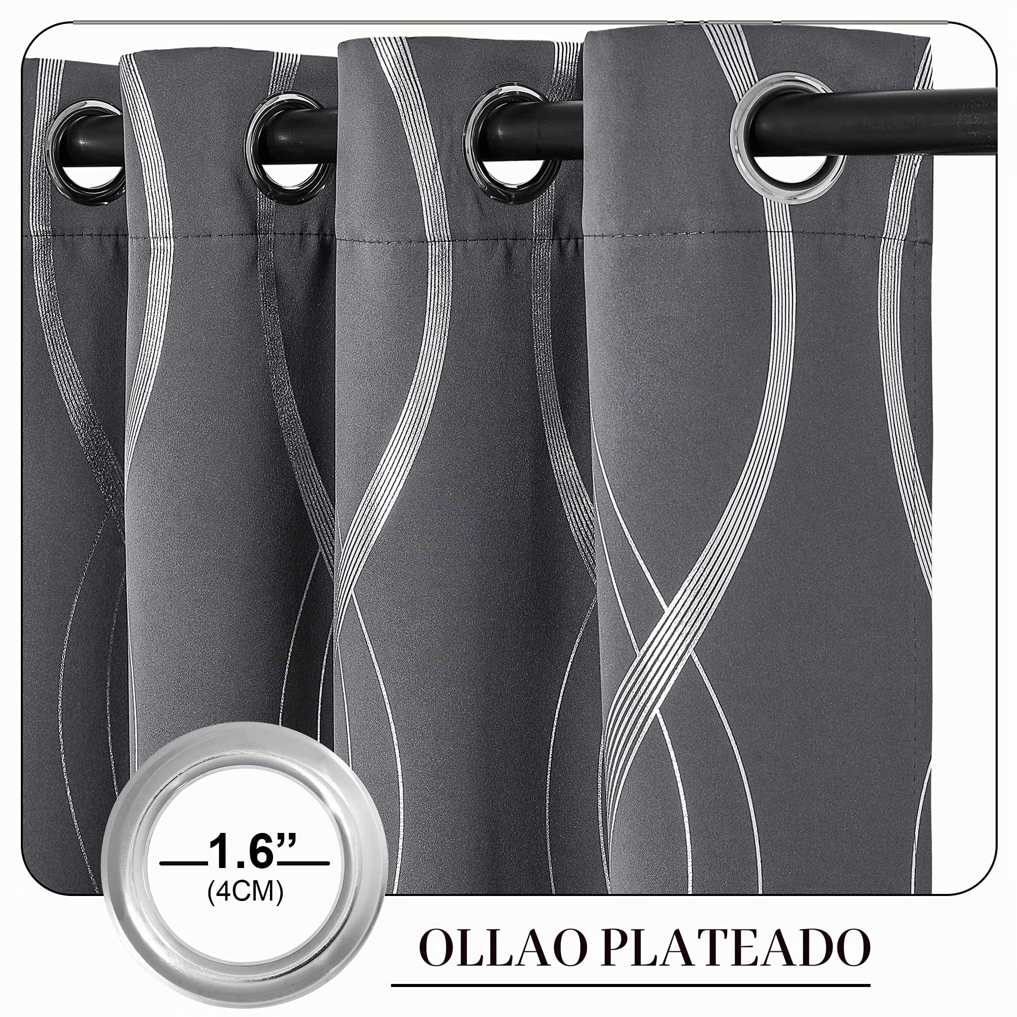PONY DANCE Cortinas Opacas Dormitorio de Curvas Plateadas, 2 Paneles | 140x245cm(AnxAl), Cortinas Grises para Habitacion/Salon, Blackouts Curtains, Diseño Curvado Plateado, Lavable, con Ojales