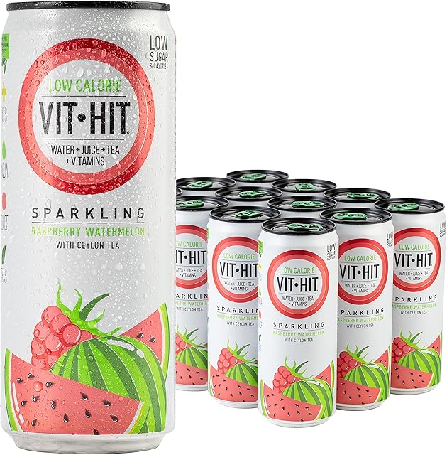 VIT HIT Sparkling - 12 x Raspberry & Watermelon + Ceylon Tea Prime Fizzy Drink | Vegan, Low Sugar, Low Calories, Vitamin Drink | 100% RDA of 8 Vitamins (330ml x 12 Cans)
