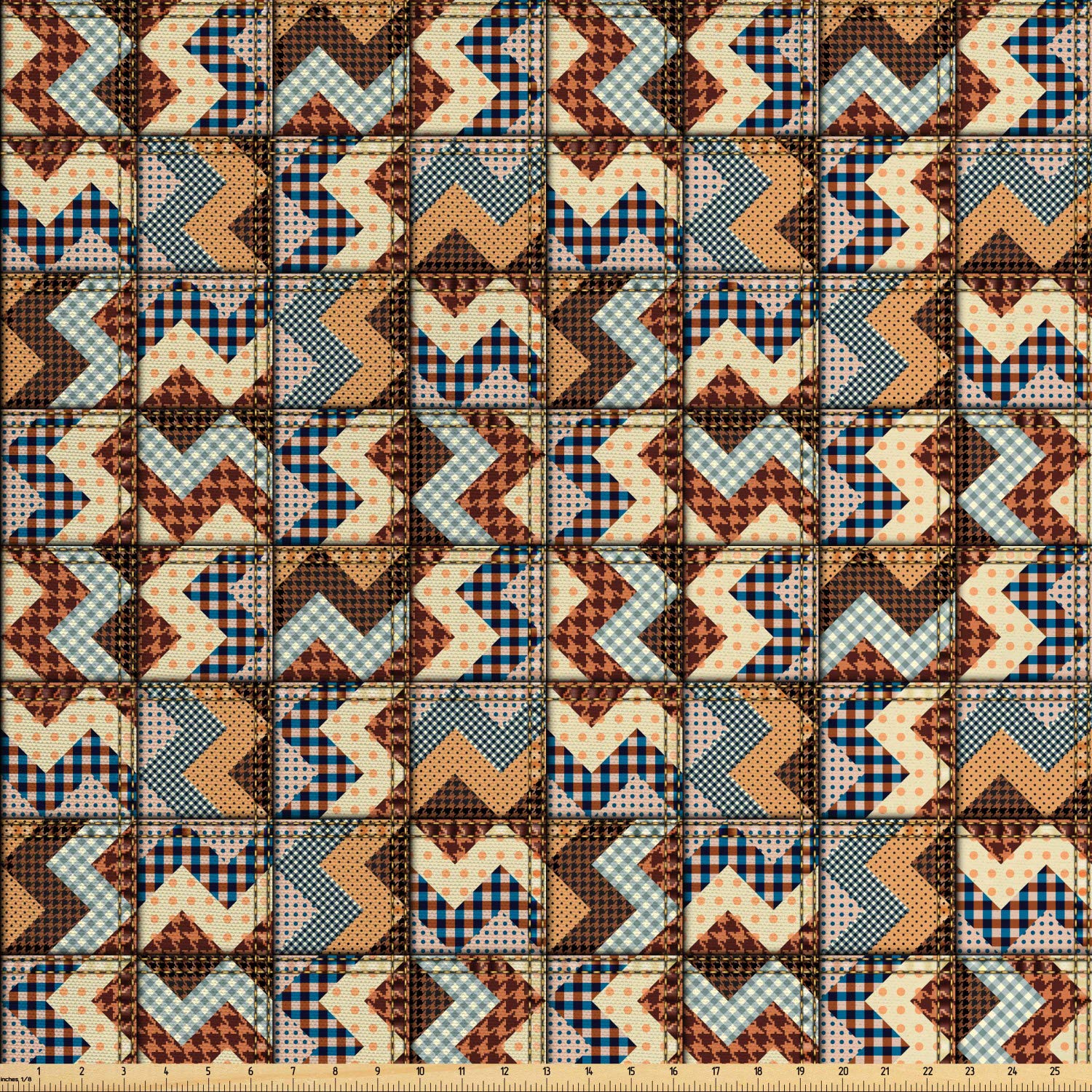 Lunarable Chevron Fabric by The Yard, Old Fashioned Chevron Insignia Motif with Zigzag Lines Curves in Earthy Colors, Decorative Fabric for Upholstery and Home Accents, 2 Yards, Brown Cream