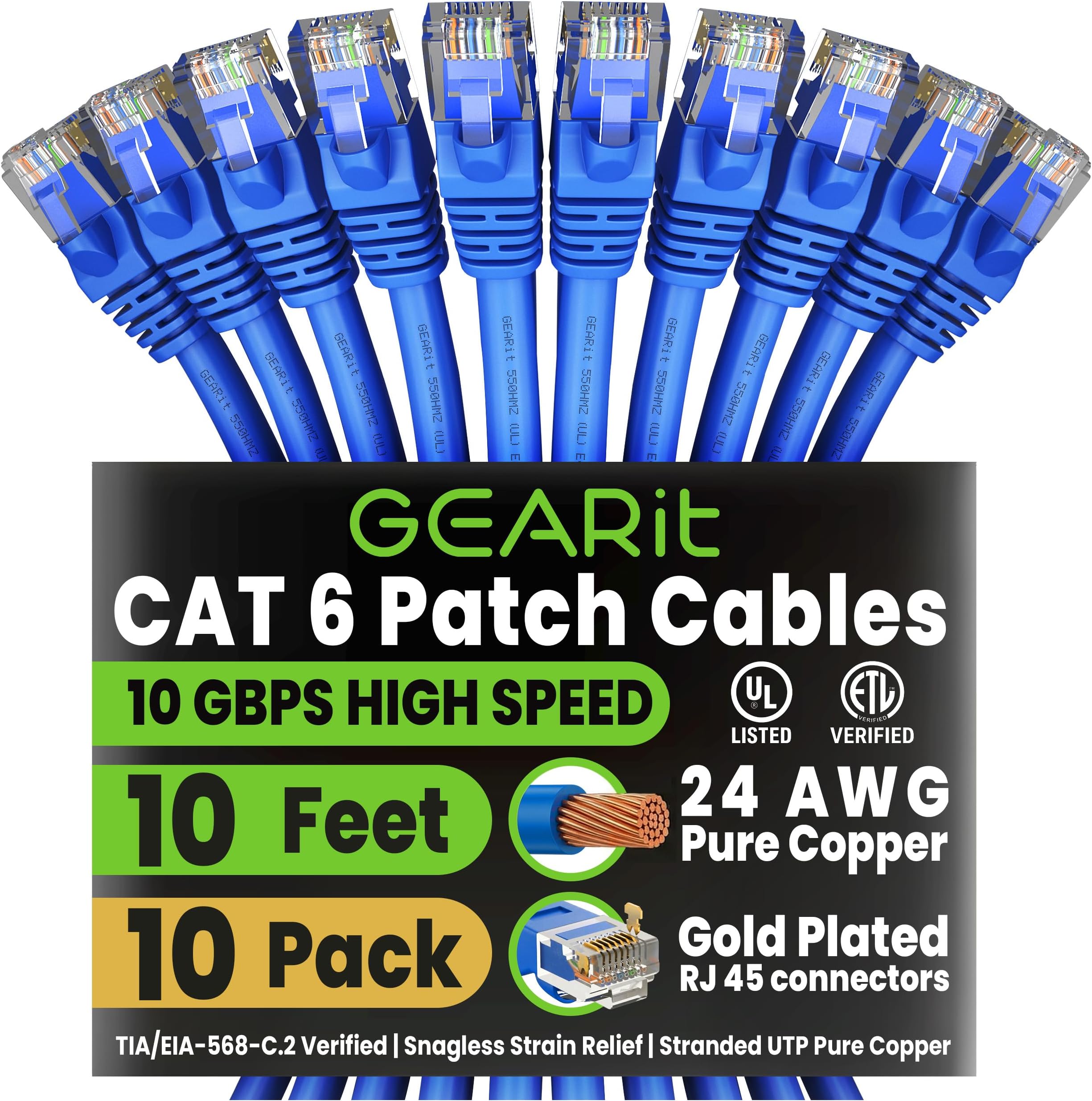 - GEARit Cat 6 Ethernet Patch Cable 10 ft Blue (10 Pack) - Cat6 Patch Cables 10ft Blue/Ethernet Patch Cable, 10Gbps 550MHz 24AWG Pure Copper, Snagless, Gold Plated RJ45 for Router, Server, Router, PC