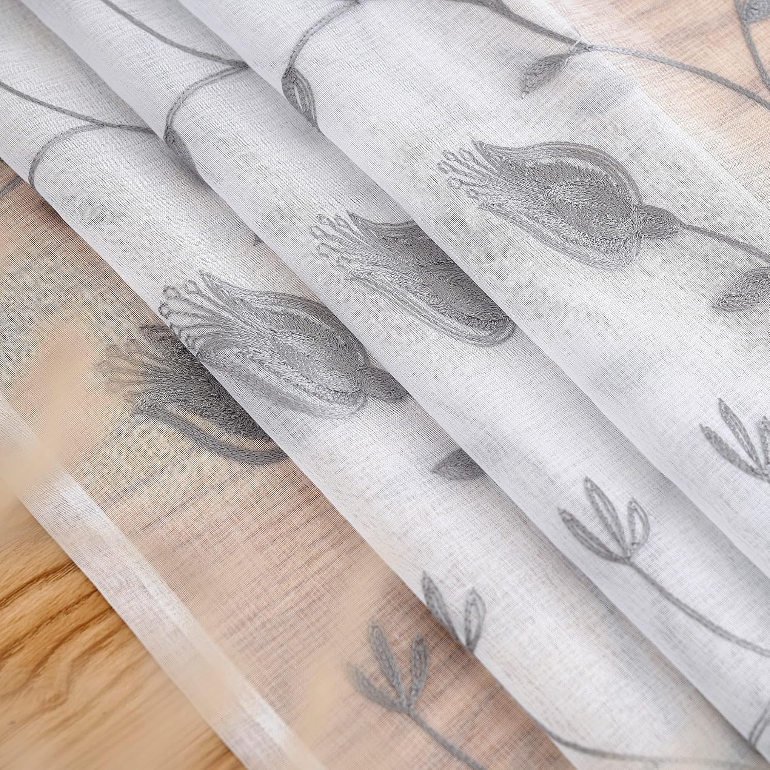Sheer Curtains White-Grey 63 Inches, Floral Embroidery Rod Pocket Voile Drape for Living room, Bedroom, Window Treatments Semi Crinkle Curtain Panels for Yard, Patio, Villa, Parlor, Set of 2, 52"x 63"
