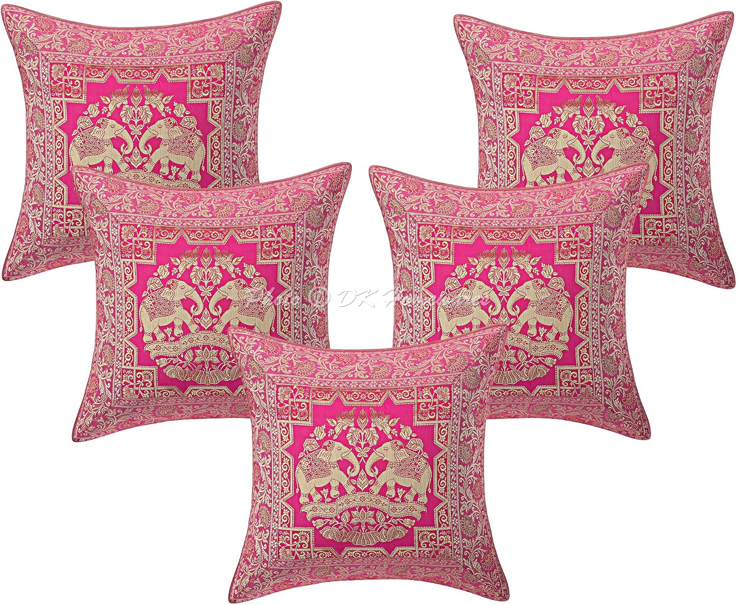 Decorative Throw Cushion Covers 16 x 16 Inch Brocade Jacquard Weave Indian Square Elephant Cushion Covers (Size - 40x40 cm ; Color: Magenta & Gold) - Set of 5 Pcs (Cover Only)