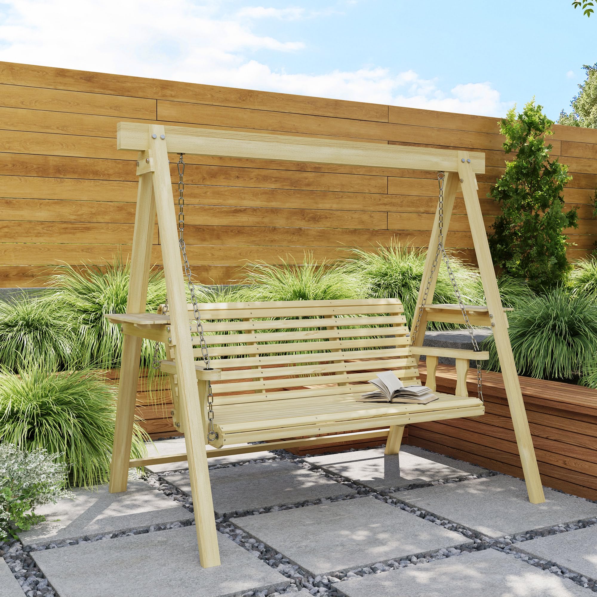 Wood Seat Pergola Swing Porch Swing With Stand Outsunny 3-Seater