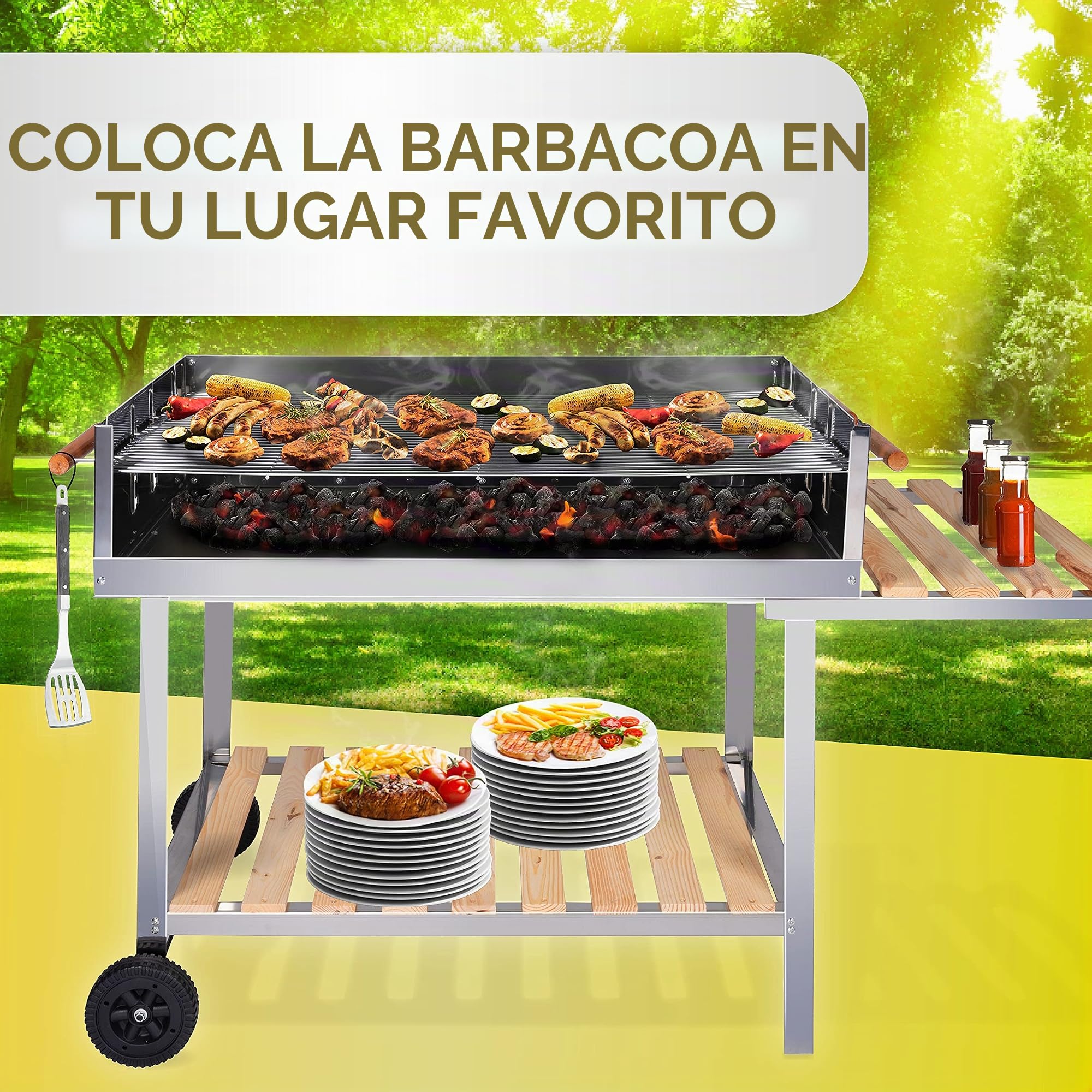 BBQ Collection Barbacoa de Carbón - Carrito con Mesa Lateral - Parrilla sobre Ruedas - Acero Inoxidable - 2 Parrillas - 98 x 56 x 85 CM
