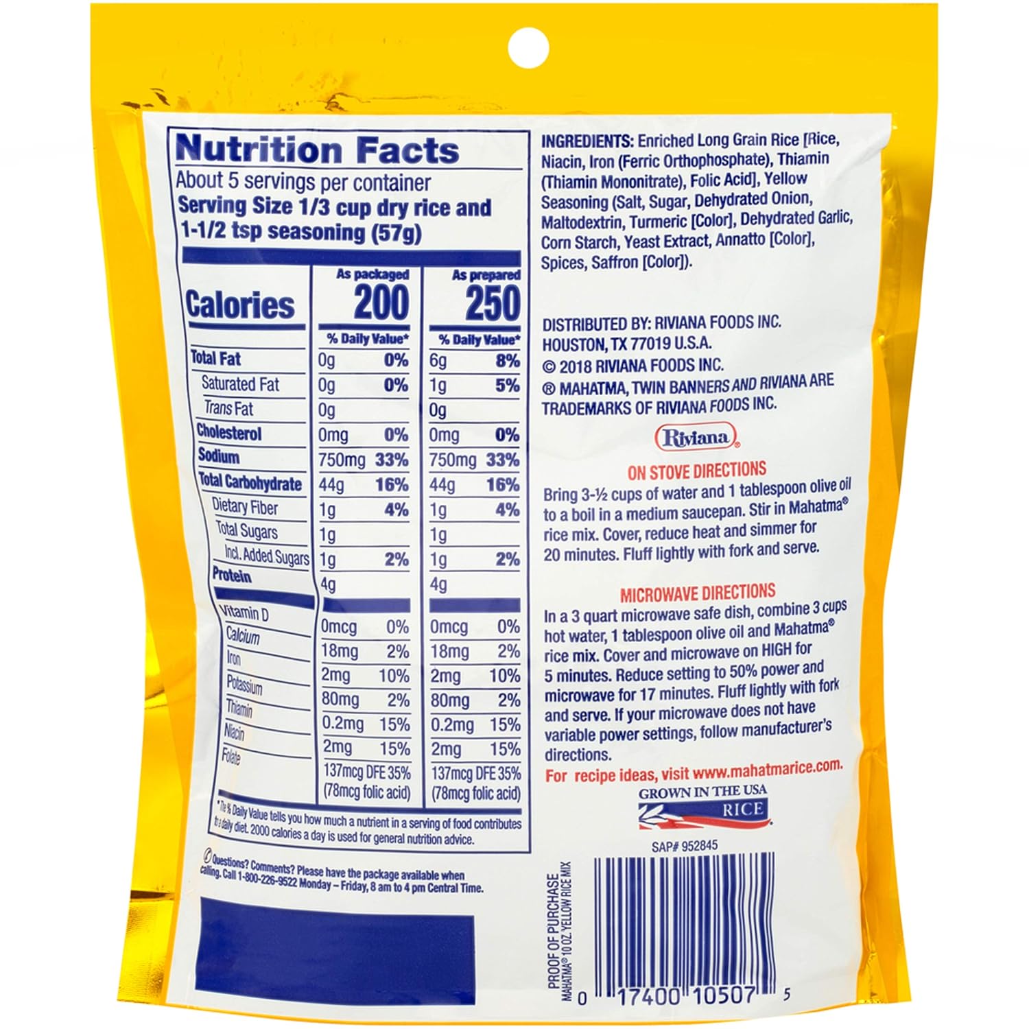 Mahatma Yellow Seasonings & Long Grain Rice, Gluten-Free, Non-GMO, Vegan, 10 oz Bag image 2