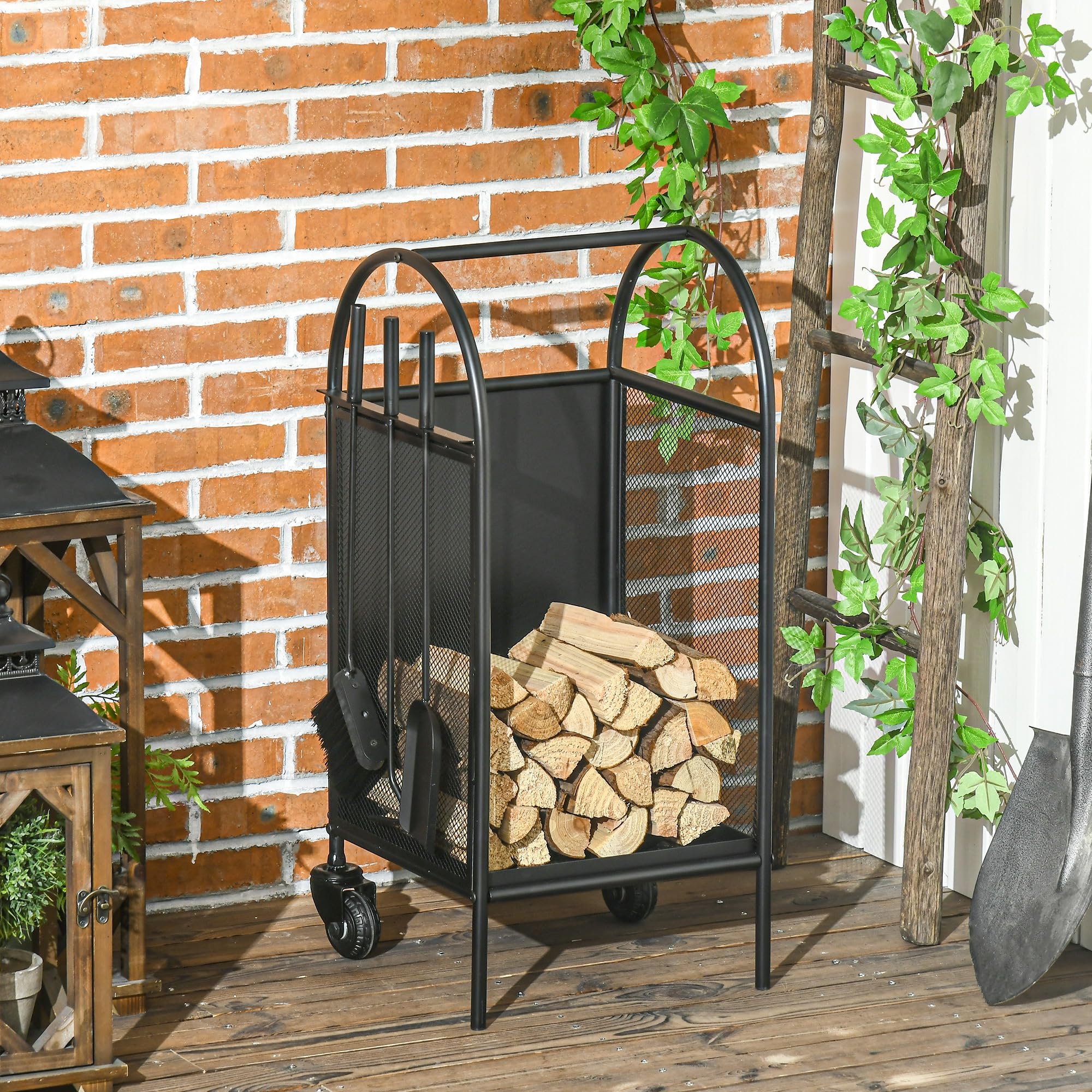 Outsunny Chariot à Bois de Chauffage avec Roues 37,5 x 37,5 x 80 cm Noir