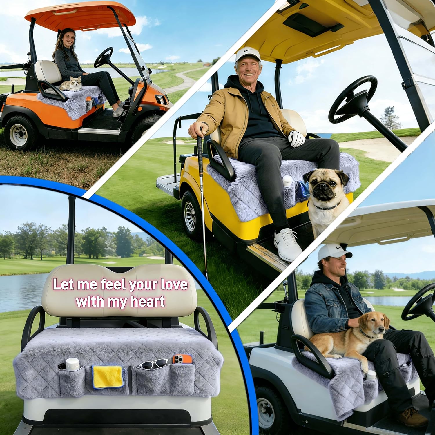 Golf Cart Seat Covers, Quilted Plush Towel Blanket, with 4 Pockets, Non-Slip, Soft & Comfortable, Fit EZGO, Yamaha, Club Car and Other 2-Seat Golf Carts, All-Season, 51"x 33", Light Gray