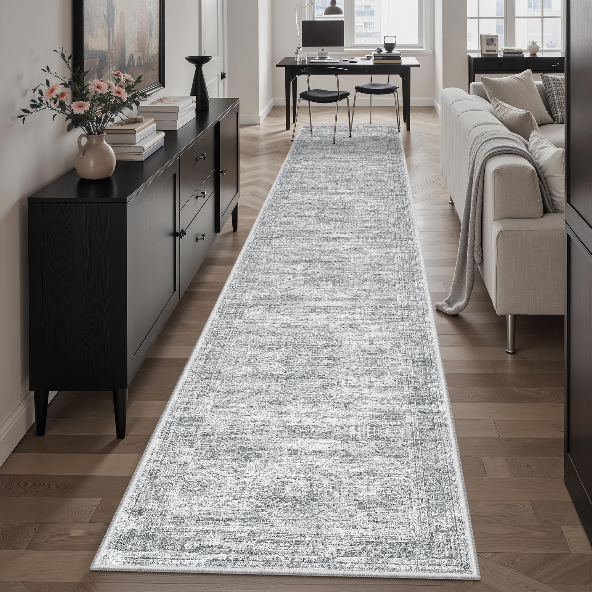 Soalmost Runner Rug 2x12 Washable Non-Slip Hallway Kitchen Runners Grey | Stain Resistant Vintage Rugs for Bathroom Laundry Room, Low Pile Foldable Floor Carpet Mat for Entryway Corridor Bedroom Grey 2' x 12' (Runner)