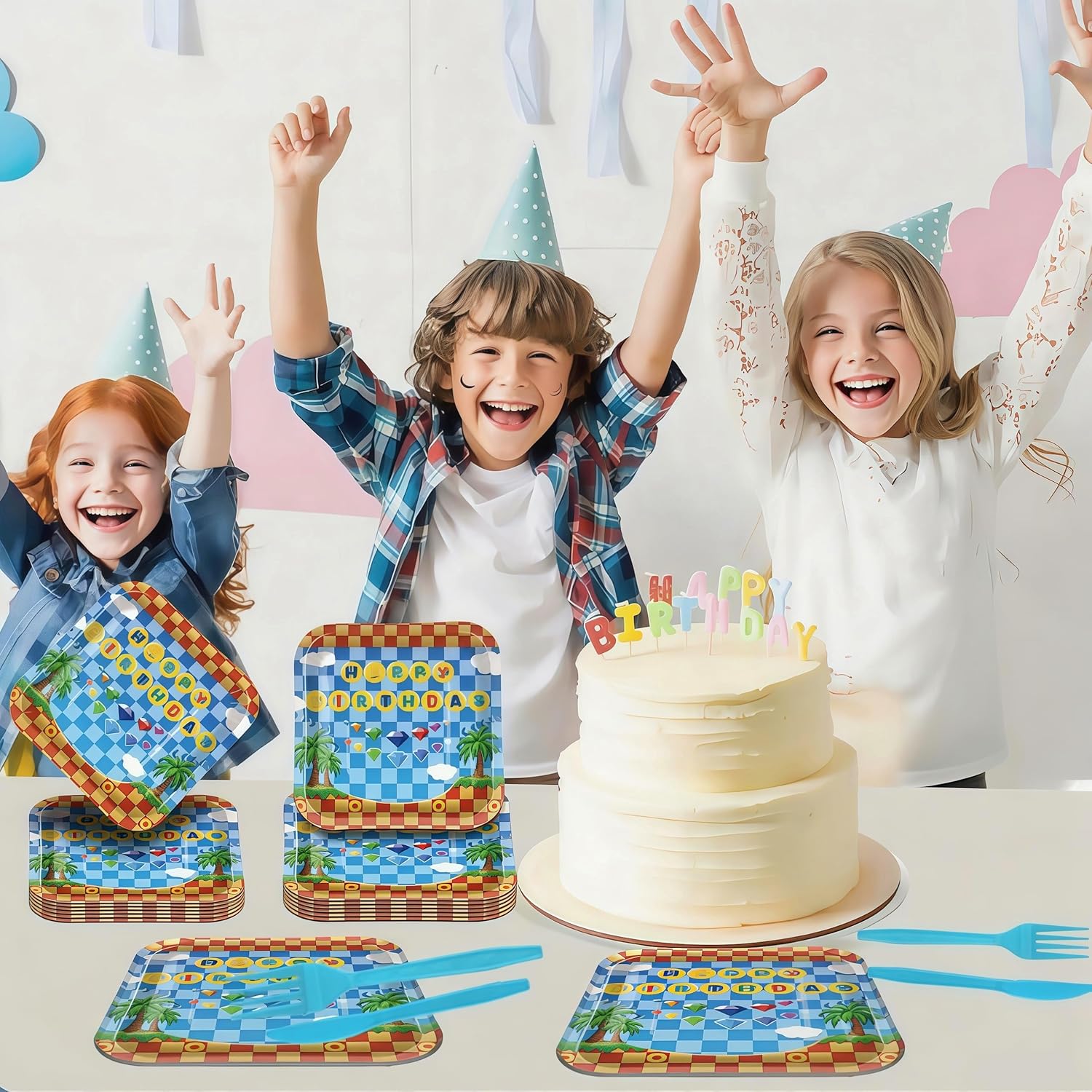 60 Pcs Hedgehog Birthday Party Supplies,Video Game Themed Decorations, Plates, Forks, Games, and Favors for Kids' Celebration - Image 5