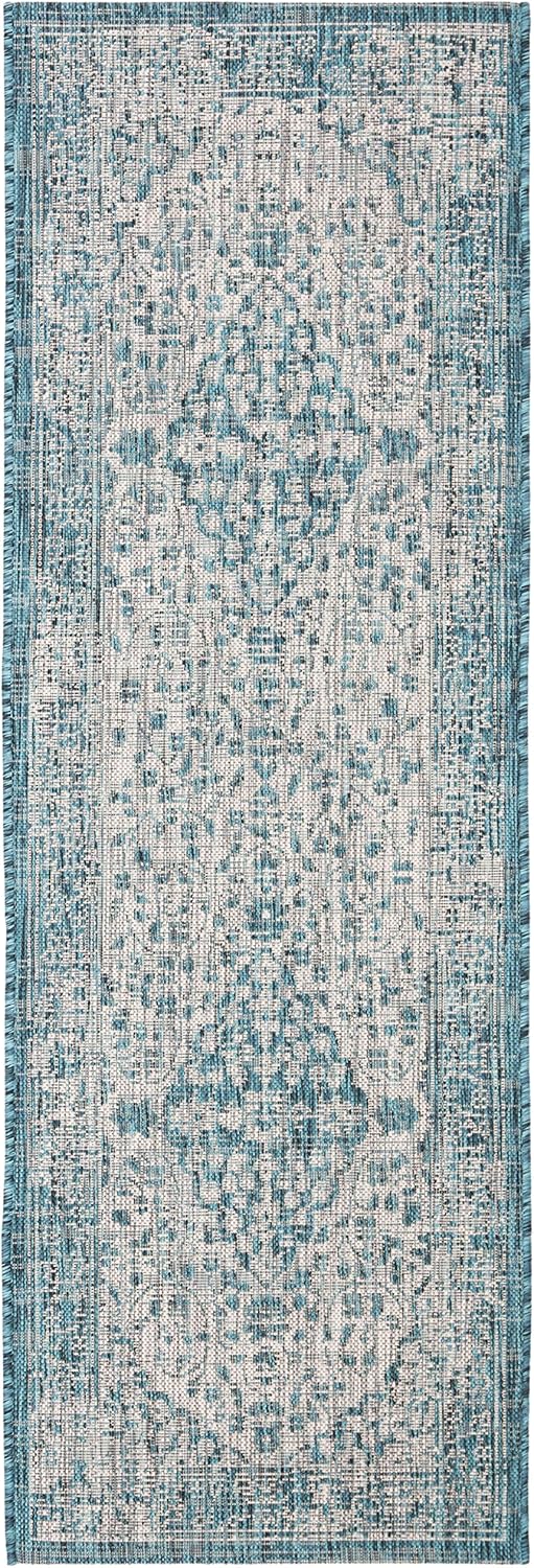 SAFAVIEH Washable Rug Outdoor Courtyard Collection - 2'3" x 6'7" Runner, Teal & Cream, Non-Shedding & Easy Cleaning, Ideal for Patio, Entryway, Mudroom, Hallway, Kitchen (CY8720-372)