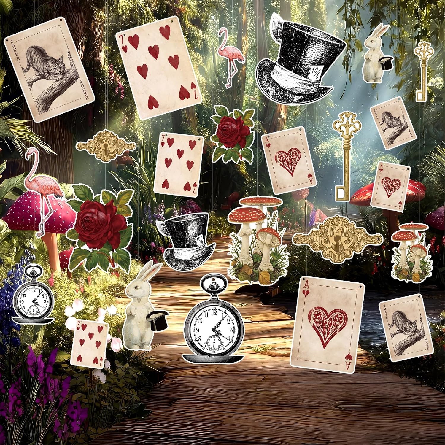 24 Pcs Wonderland Tea Party Decoration Vintage Hanging Ornaments Clock Playing Cards Key Wonderland Classical Background for Birthday Baby Shower Party Supplies