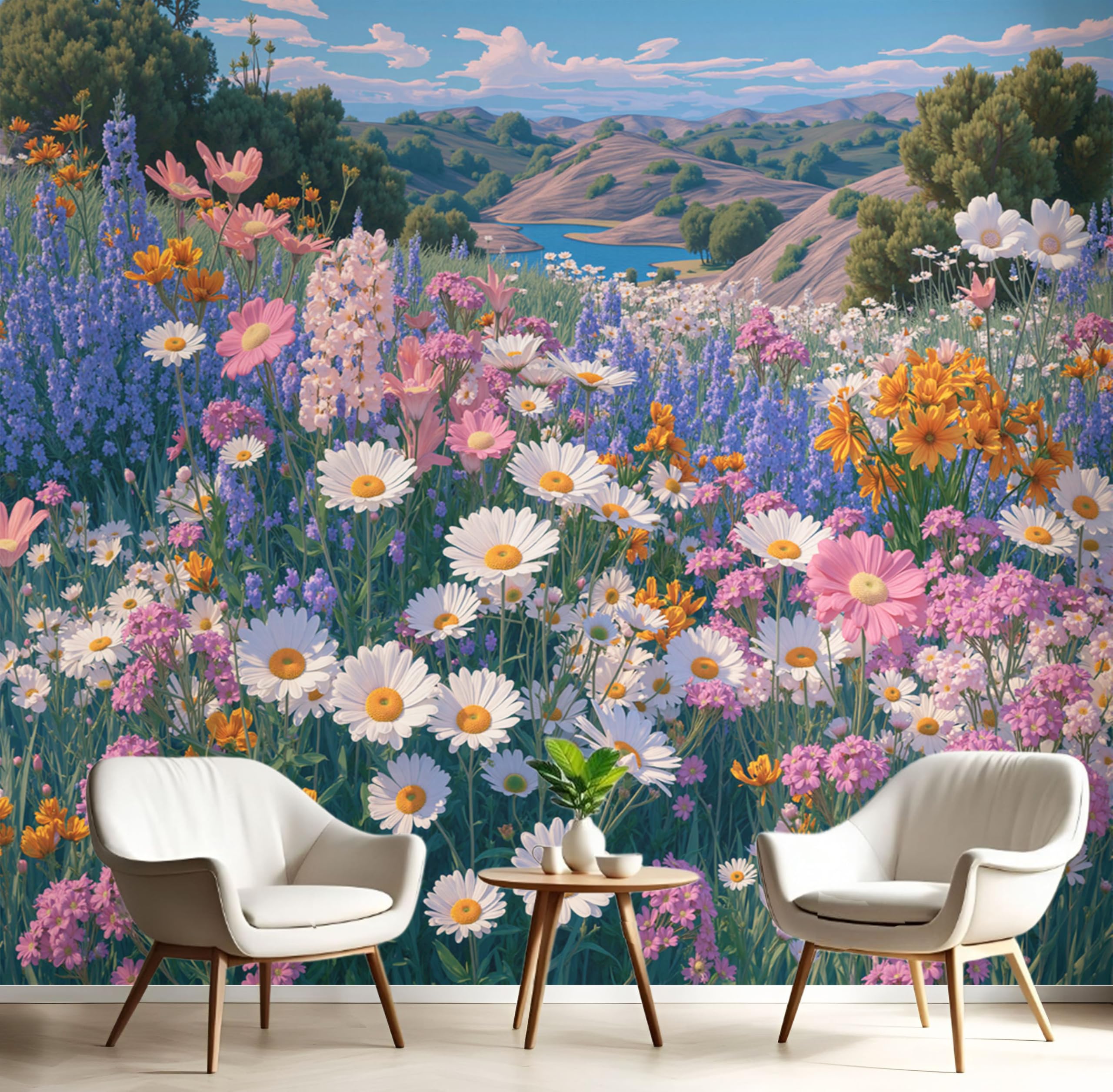Papier peint panoramique en soie rose et blanc paysage réaliste de montagnes 250x175cm