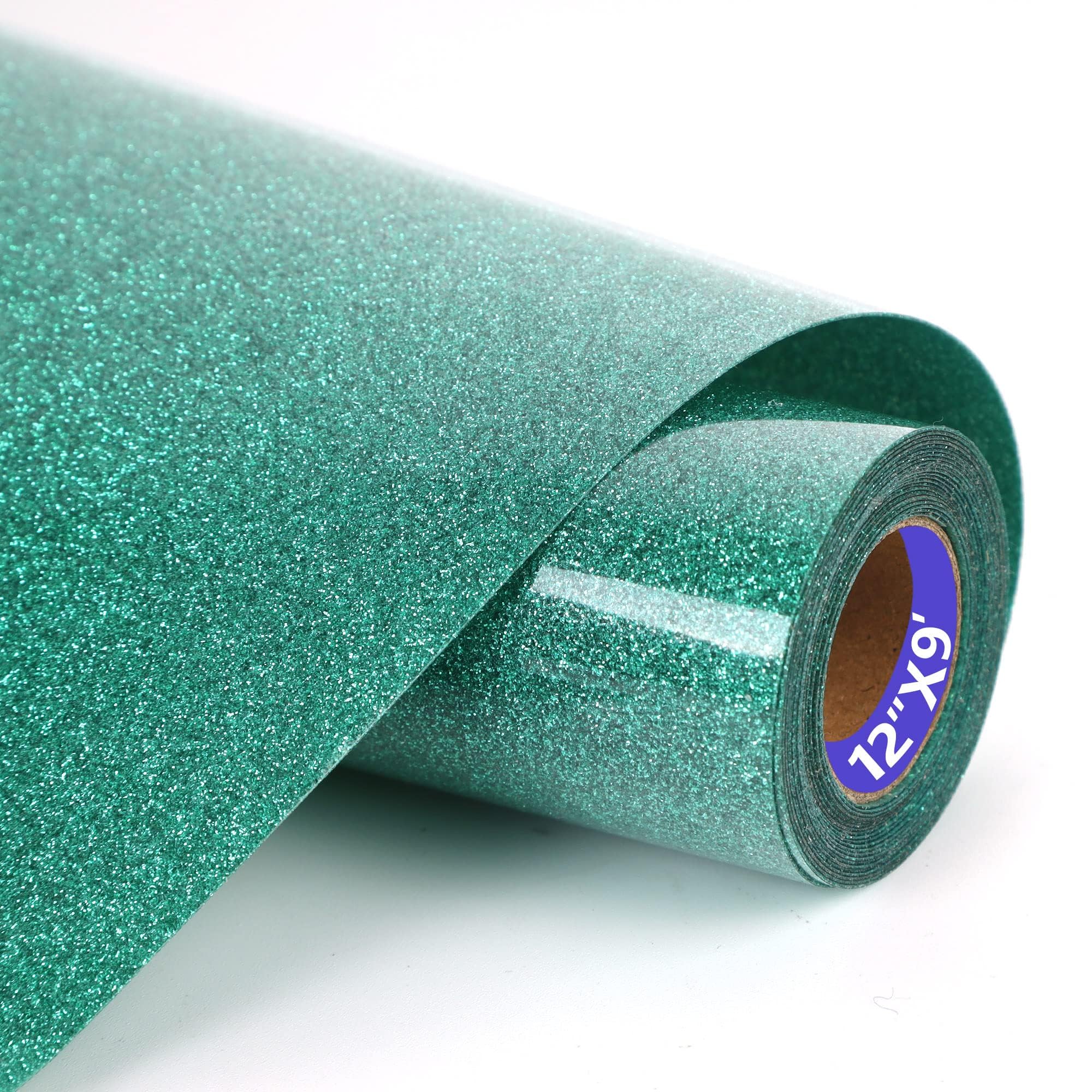 HTVVETUR Glitter HTV Vinyl Rolls Heat Transfer Vinyl - 12" x 9ft Glitter Green HTV Vinyl for Shirts, Iron on Vinyl for Cameo - Easy to Cut &amp; Weed for Heat Vinyl Design (J101 Glitter Green-9ft)