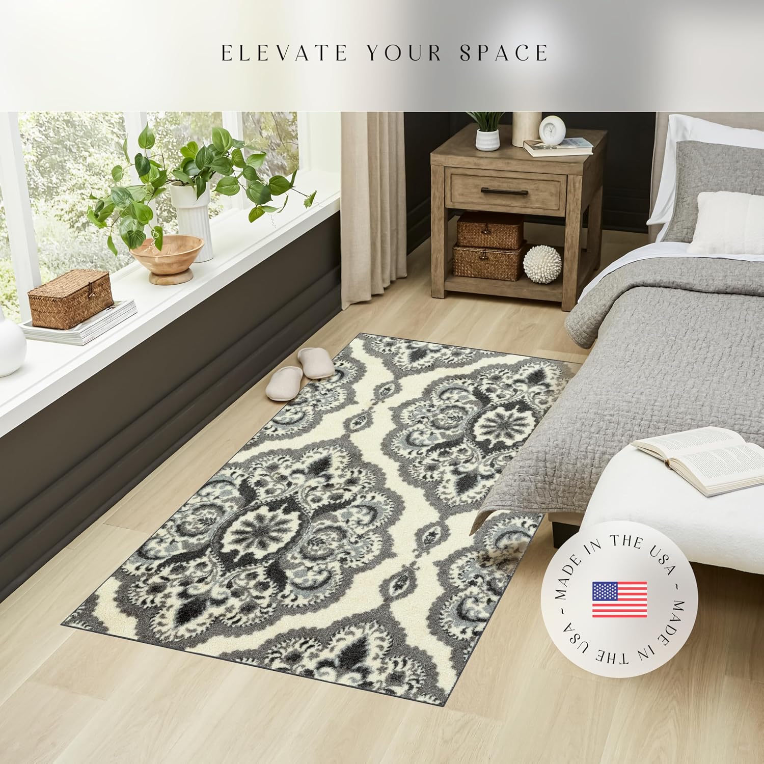 Maples Rugs Vivian Medallion Area Rugs - Made in USA - Washable, Non Slip, Pet-Friendly Mat for Bedroom, Office, and Entryway, 3'4 x 5', Grey