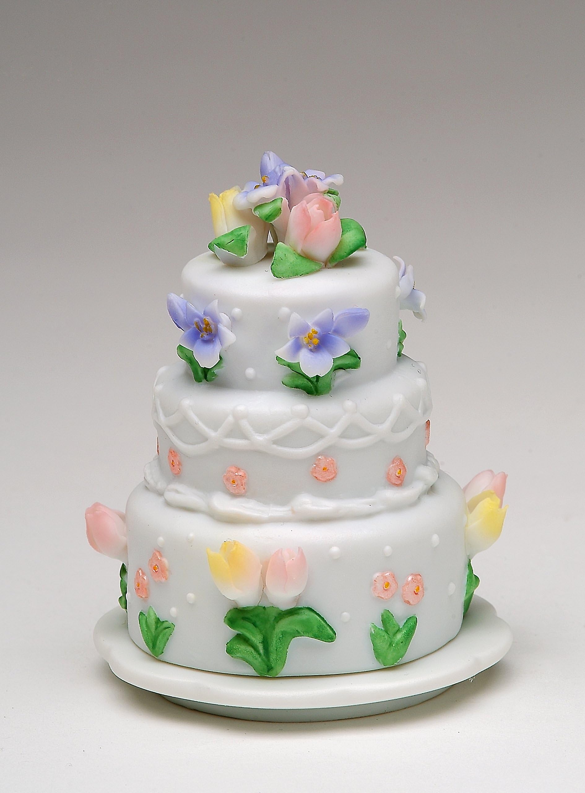 Cosmos Gifts Corp Fine Porcelain Tulip and Violet Flowers Blossom Mini 3-Tiers Cake Keepsake Memory Trinket Box, 3" H
