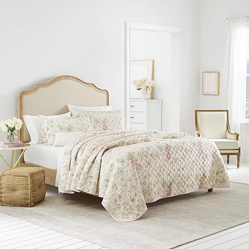 Vista 12 de Laura Ashley Home - Juego de edredón ultrasuave ideal para todas las estaciones, lujoso, prémium Breezy Floral Rosa/Gris