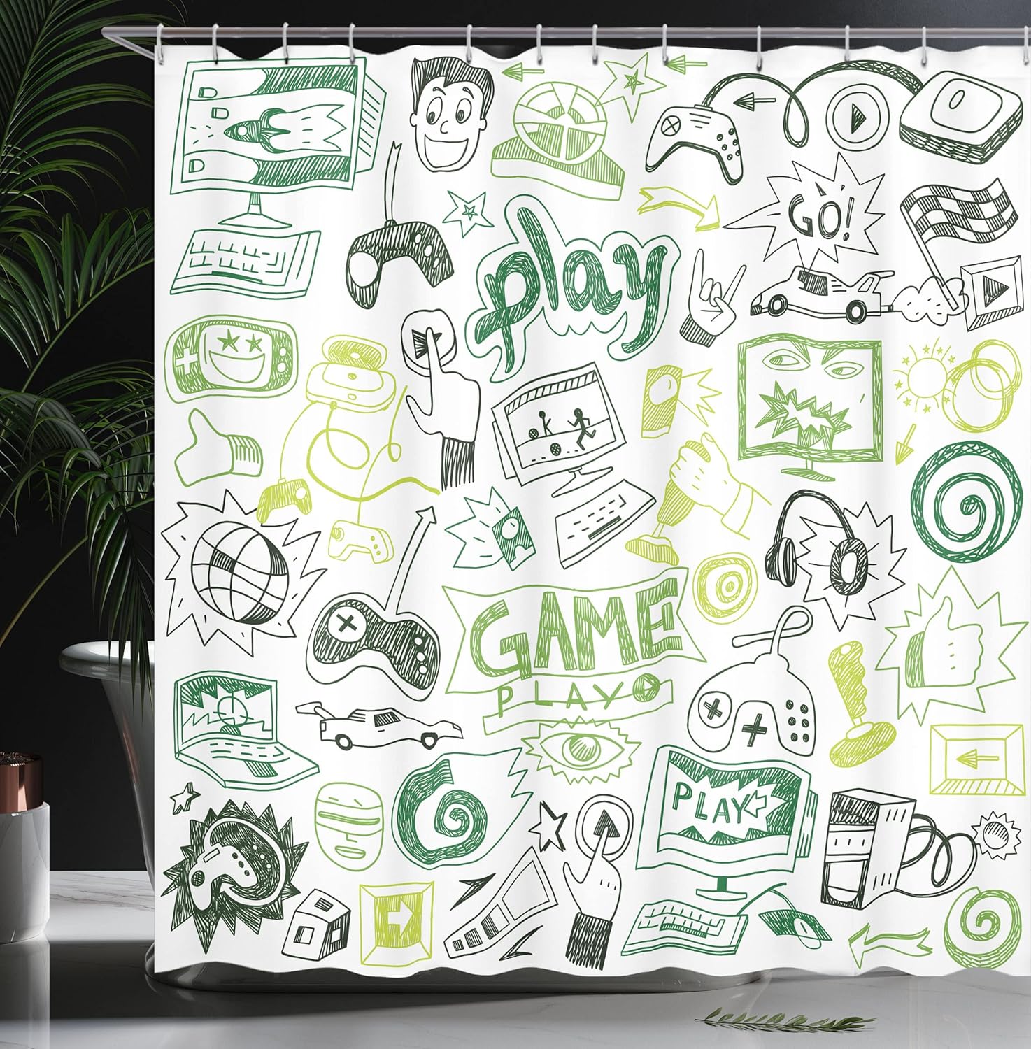 Ambesonne Video Games Shower Curtain, Monochrome Sketch Gaming Design Racing Monitor Device Gadget Teen 90's, Cloth Fabric Bathroom Decor Set with Hooks, 69" W x 84" L, Hunter Green