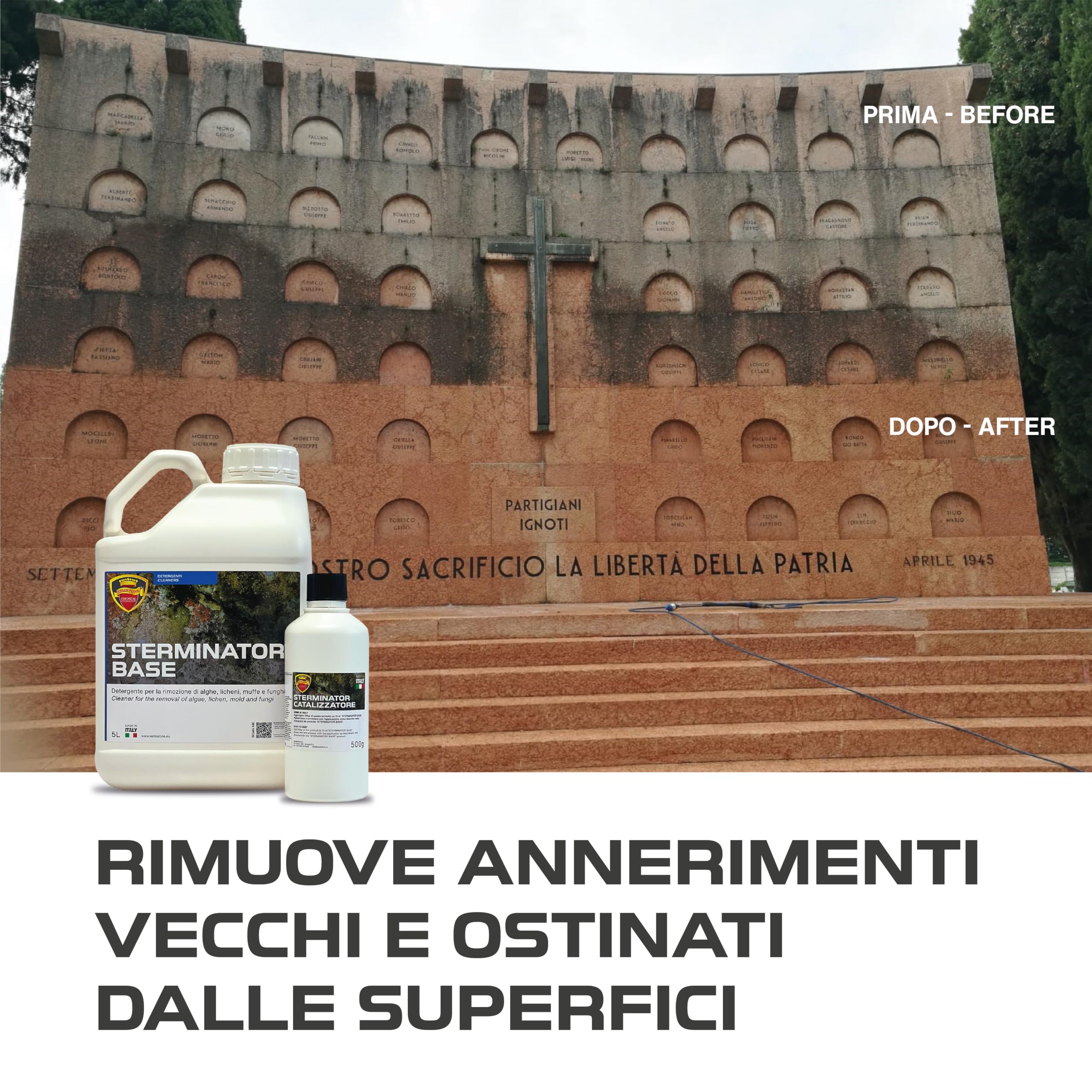 STERMINATOR – Detergente Professionale per Alghe e Muschi su Pavimenti e Muri Esterni | Pulitore per Annerimenti su Gres, Pietra, Cotto e Cemento (5L)