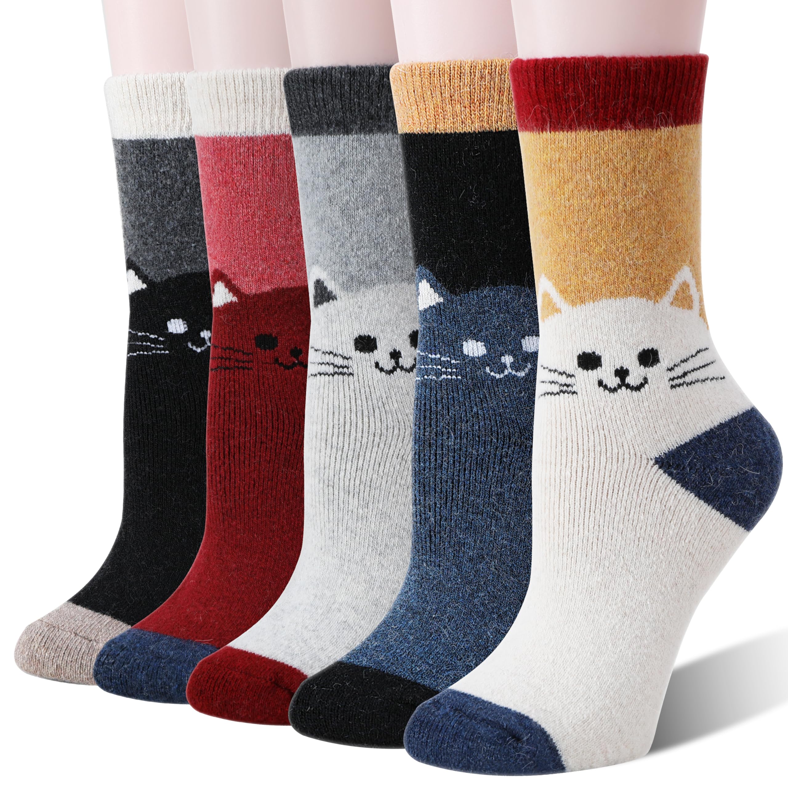 Welwoos Women Merino Wool Cat Socks Thermal Winter Warm Thick Cozy Cute Fun Crew Boot Socks 5 Pairs