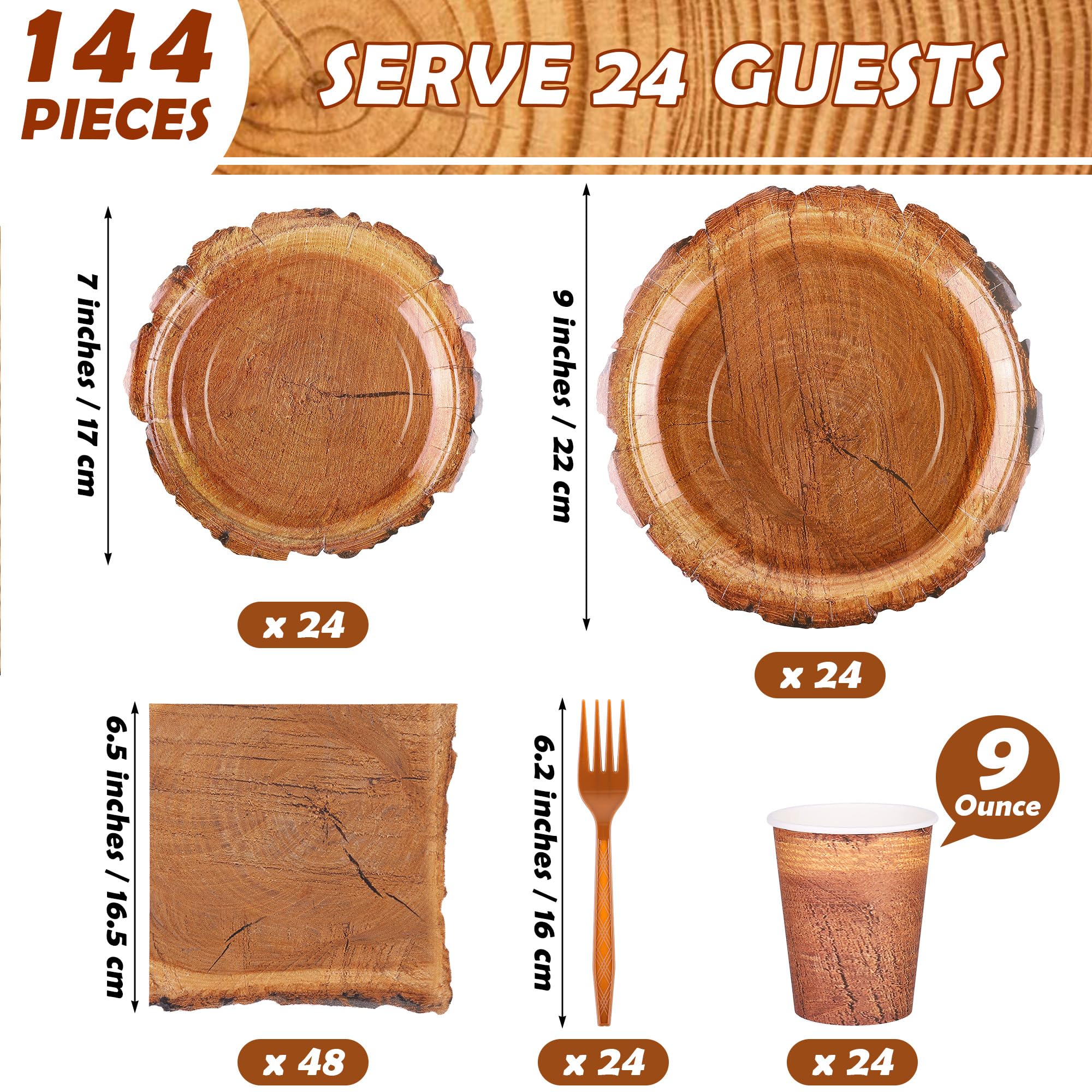 Kochorie 144 Pieces Camping Wood Grain Slice Tableware Sets Rustic Wood Party Decorations Paper Plates Napkins Cups Forks Serves 24 for Forest Themed Party Decorations Hunting Birthday Supplies