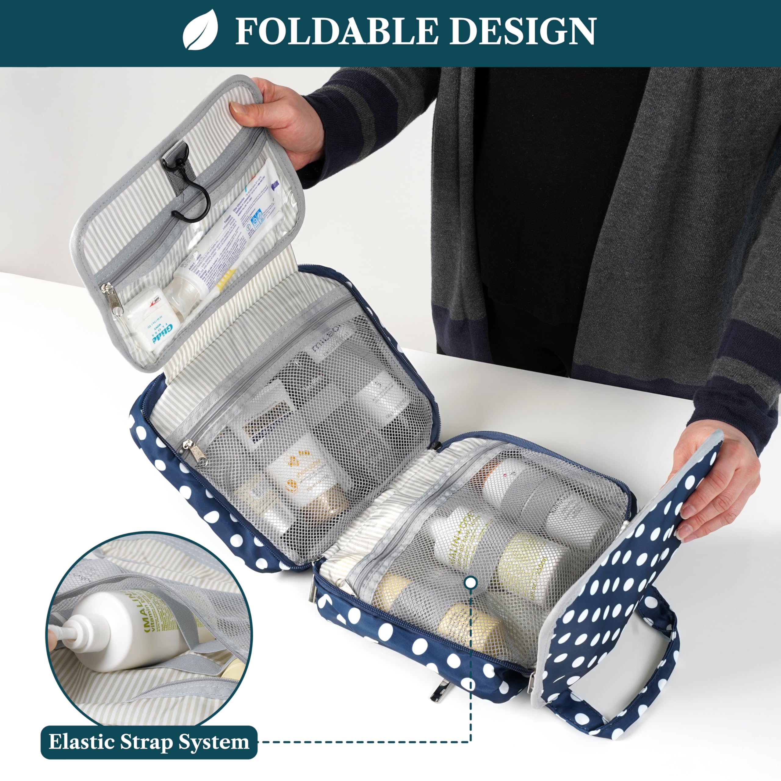 PAVILIA Borsa da toilette da appendere borsa da viaggio donna e uomo, organizer pieghevole per cosmetici, borsa per il trucco resistente all'acqua, accessori da toeletta, grande kit essenziale da