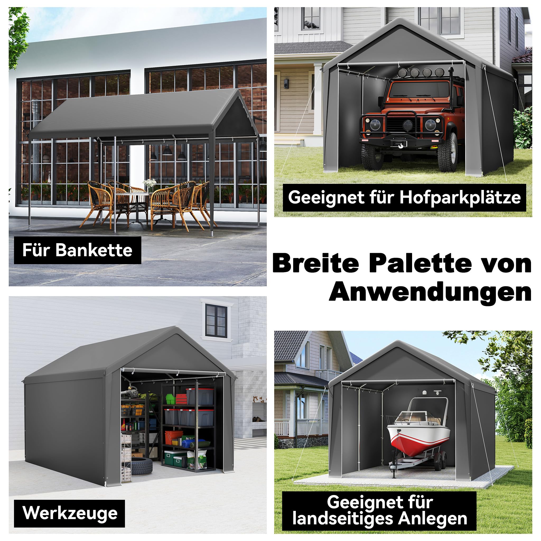 Aufun Carport Zeltgarage 3x4m, Wasserdichtes Lagerzelt mit PE-Dach, Reißenresistenter Garagenzelt mit abnehmbaren Seitenwänden, UV-beständig Winterfest Unterstand für Auto, SUV, LKW, Boot, Grau