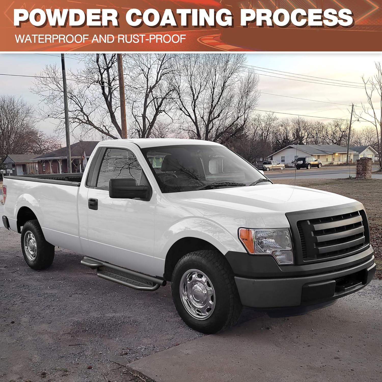 Running Boards for 2009-2014 Ford F-150 Regular Cab (2 Doors), Two-Raised Step Side Steps, E-Coated & Powder-Coated Carbon Steel Nerf Bars