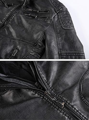 Miniatura 6 de MANSDOUR Chaqueta de piel sintética para hombre, chaqueta de motociclista cálida con capucha extraíble