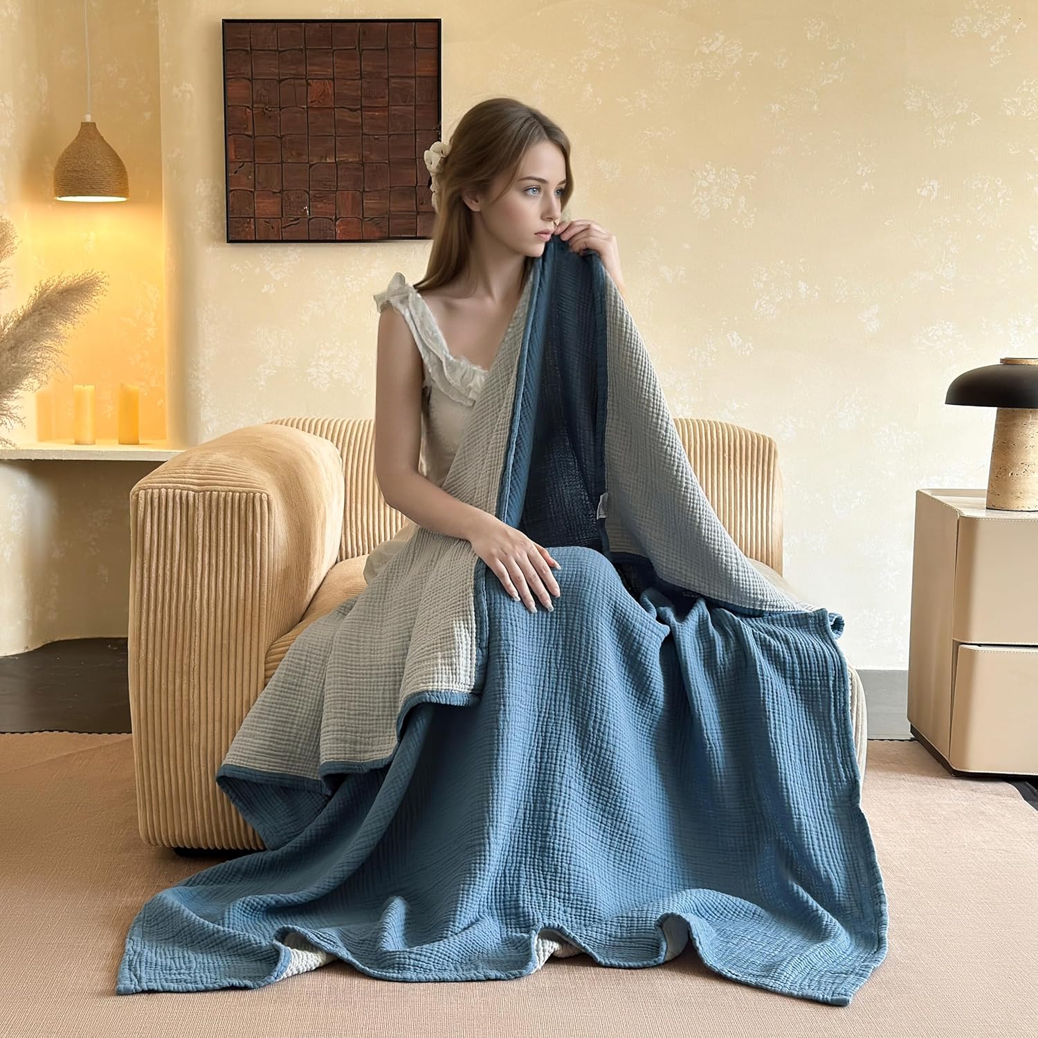 Simple&Opulence 100% Cotton Muslin Blanket, Lightweight Breathable 4 Layering Soft Cotton Throw Blanket,Gauze Blanket for Bed Couch Camping All-Season Use (Dusty Blue, 50"x60")