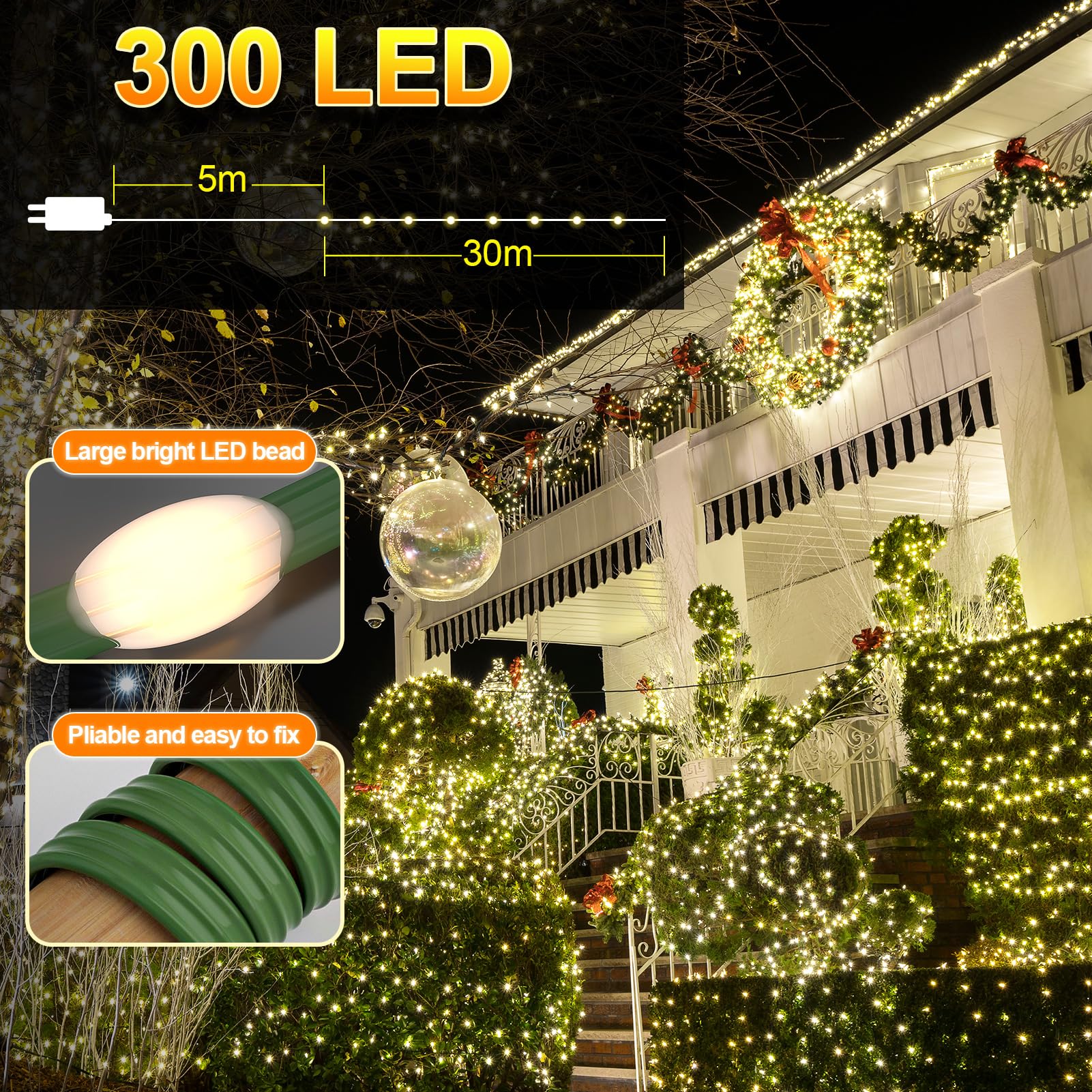 Uping Catena Luminosa Luci Albero di Natale 30M 300 LED Luci di Natale Esterno ed Interno Bianco Caldo Lucine LED Decorative Addobbi Natalizi