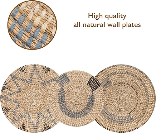Miniatura 4 de All Across Africa Juego de 3 platos de pared, decoración de pared bohemia, rafia natural, cesta de pared tejida con bucles fáciles de colgar, color