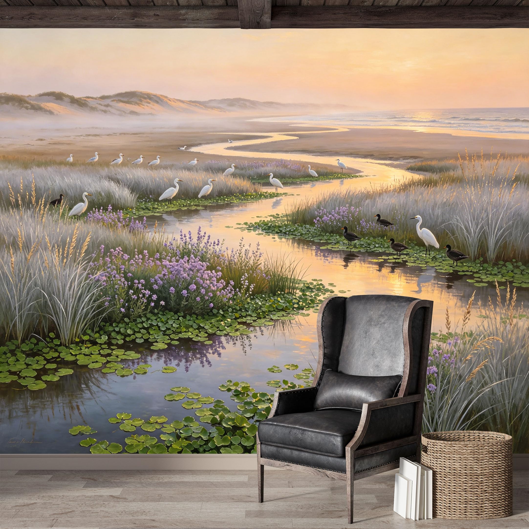 Custom Size Wall Mural,Coastal Marsh Wetland Serene Landscape Oil Painting Premium Water Activated SelfAdhesive Wallpaper,Removable Wall Covering for Indoor Home Decor