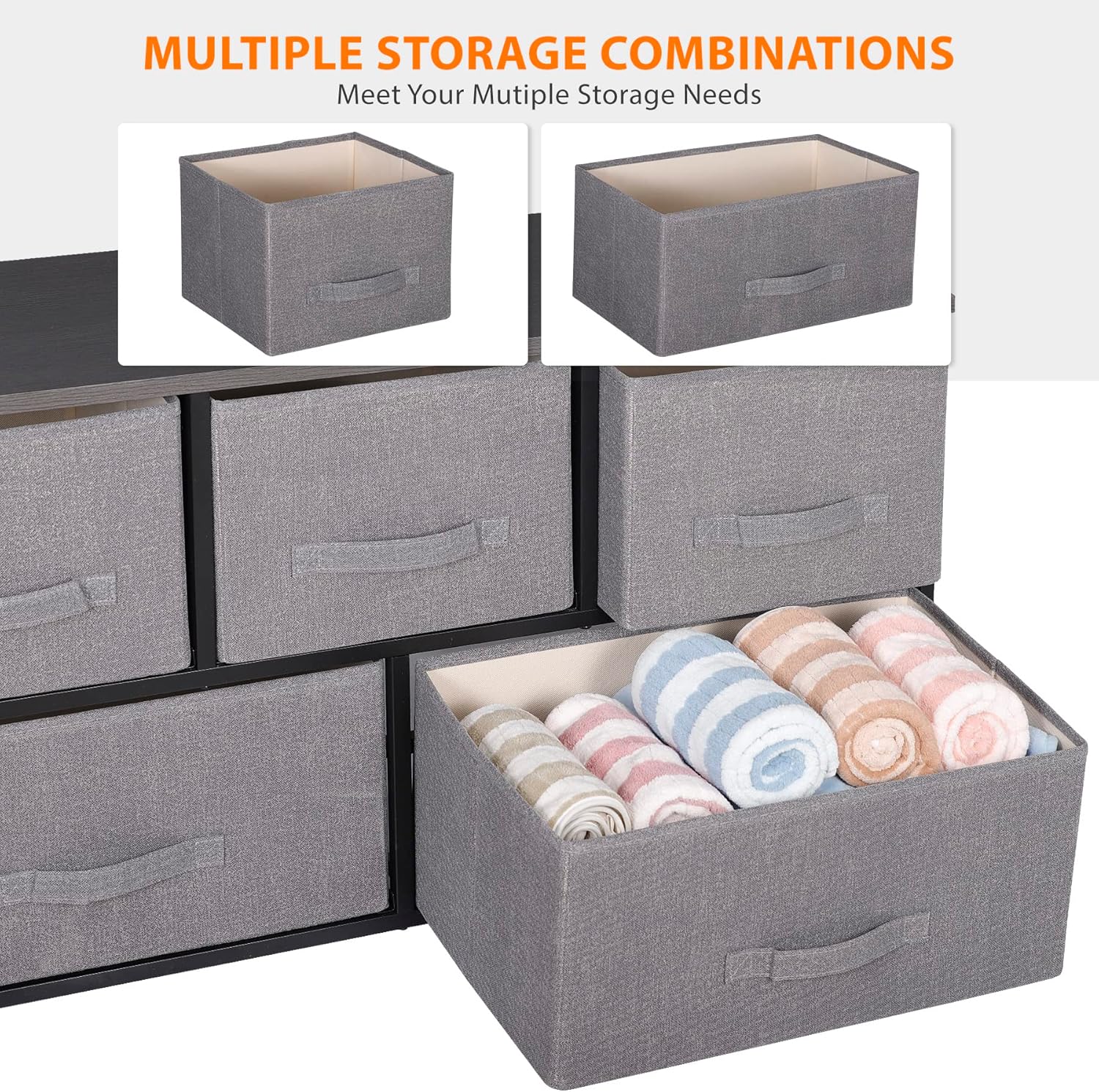 Fabric Dresser 5-Drawer Storage Organizer Unit, Apartment Cloth Chest with Deep Basket Sturdy Steel Frame & Wooden Top, Room Organization, Light Grey