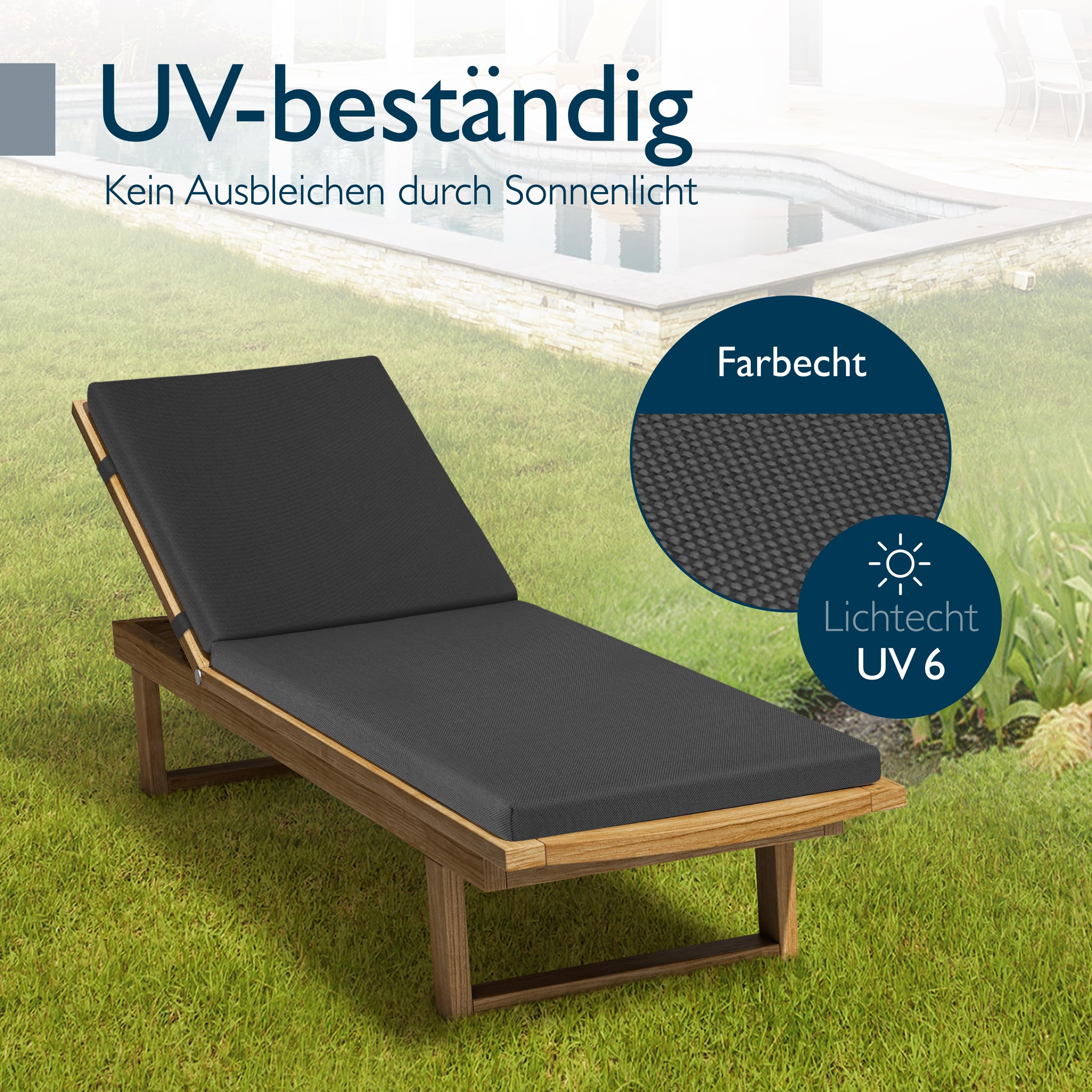 Beautissu Deckchair Auflagen für Gartenmöbel Wasserdicht 2er Set Auflage Liege 190x60 cm Sonnenliege Auflage Outdoor Polster Wetterfest Schnell Trocknend – Auflagen für Gartenliegen Anthrazit
