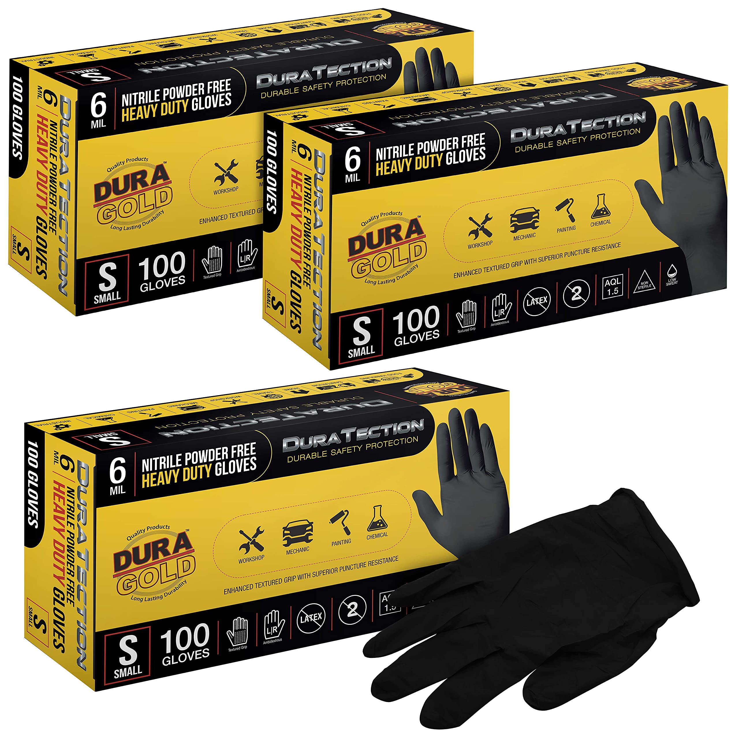Dura-Gold Guantes desechables de nitrilo negro HD, 3 cajas de 100, tamaño pequeño, 6 mil, sin látex, sin polvo, agarre texturizado, pequeños (paquete de 300)