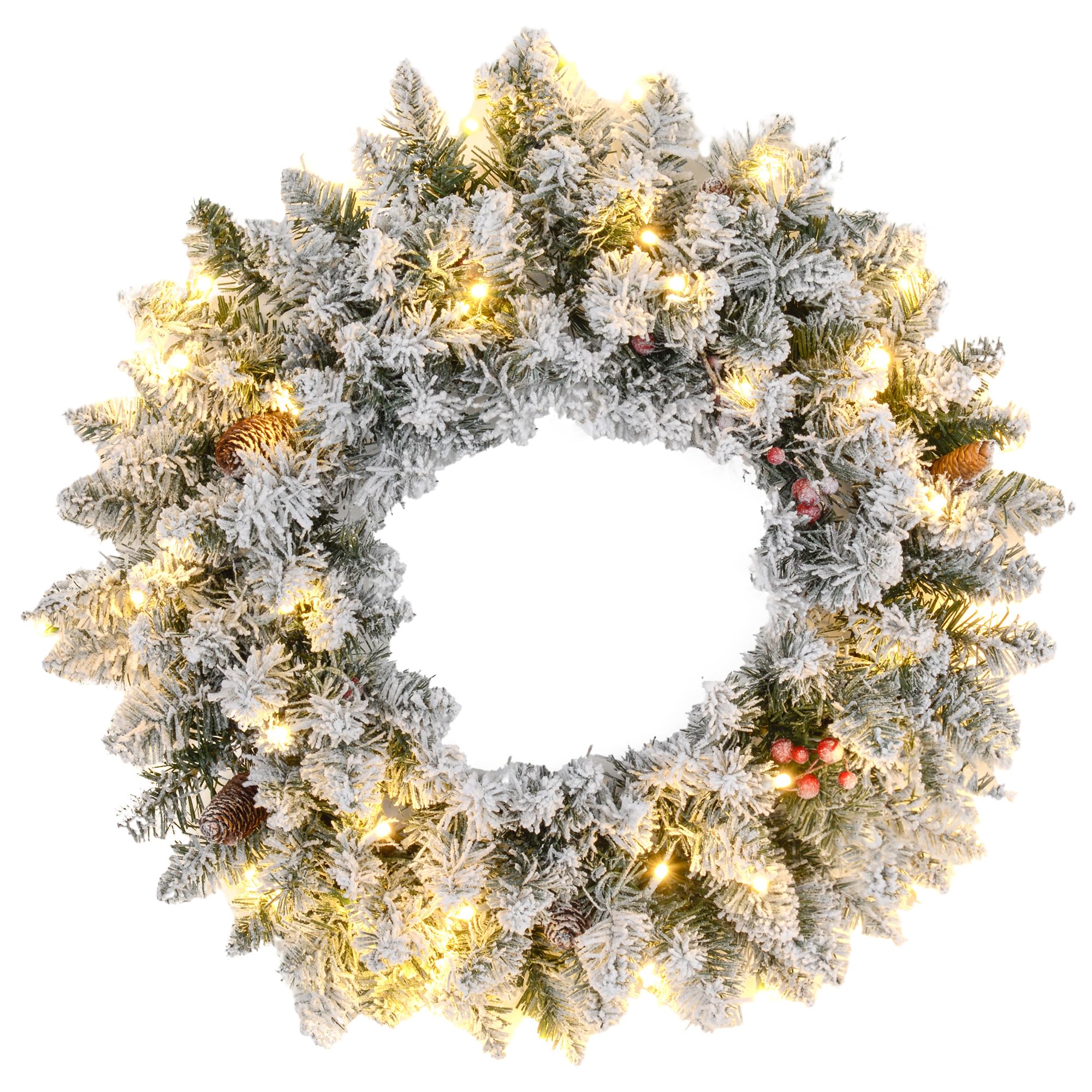HOMCOM 60cm Flocked Christmas Wreath - Green - Pine Cones, Red Berries, 50 LED Lights