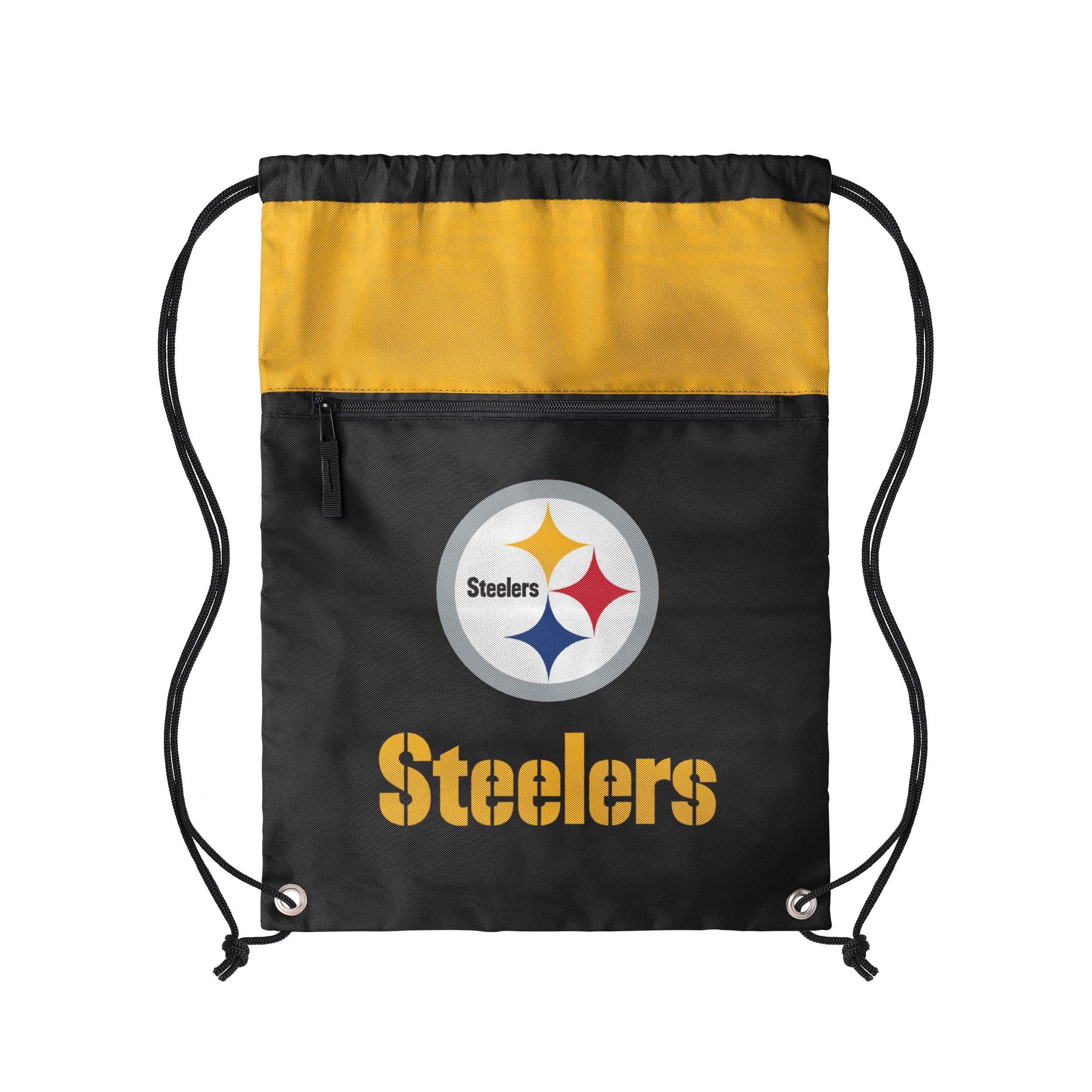 FOCO NFL Officially Licensed Unisex Team Color Football Primary Logo Wordmark Drawstring Backpack With Zippered Pocket - Pittsburgh Steelers