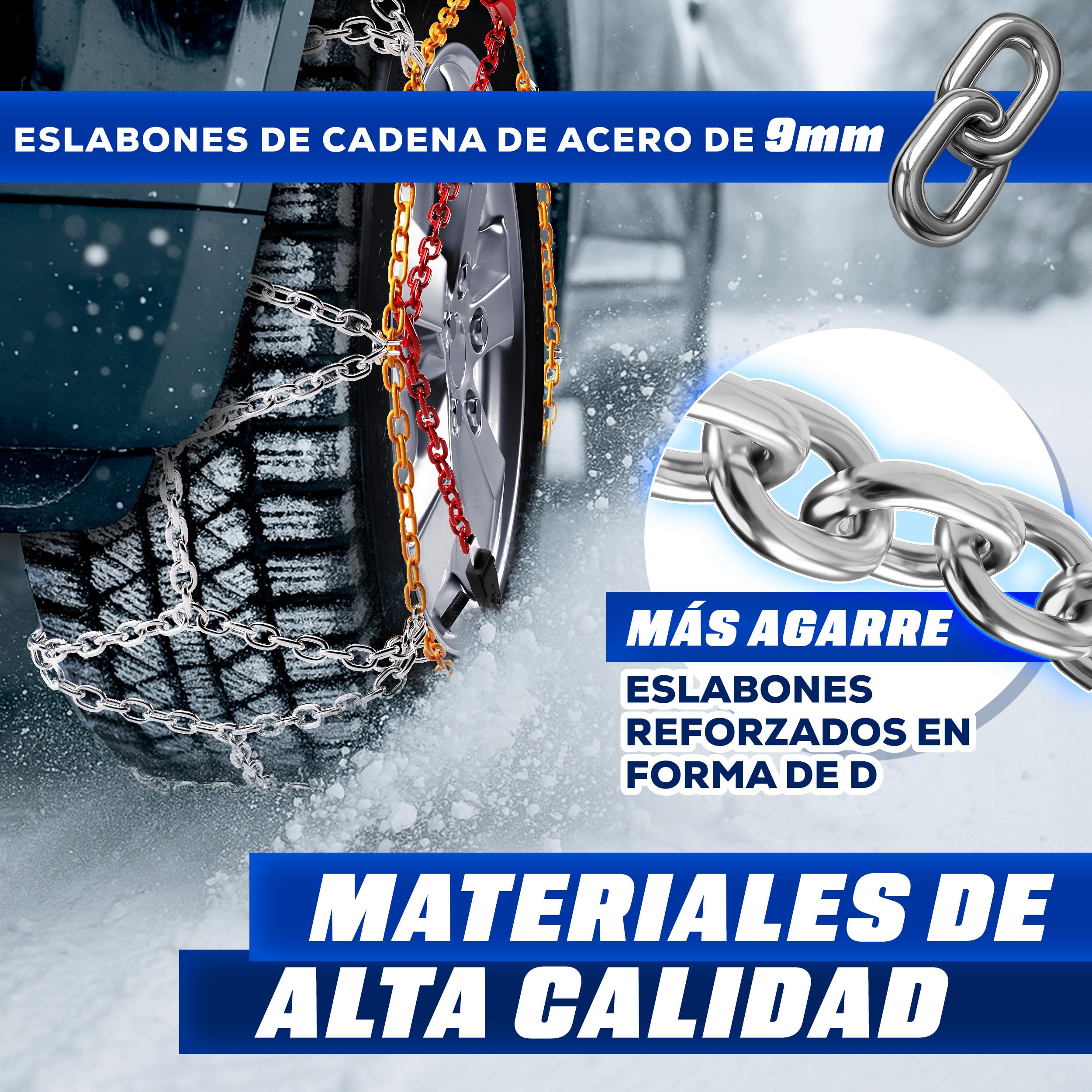 TRESKO 2x Cadenas de nieve para coche, incluye guantes y caja de almacenamiento, cadenas de neumáticos de metal para coches, cadenas de nieve EN 16662-1 & ÖNORM V5117 | Montaje rápido | para delantero