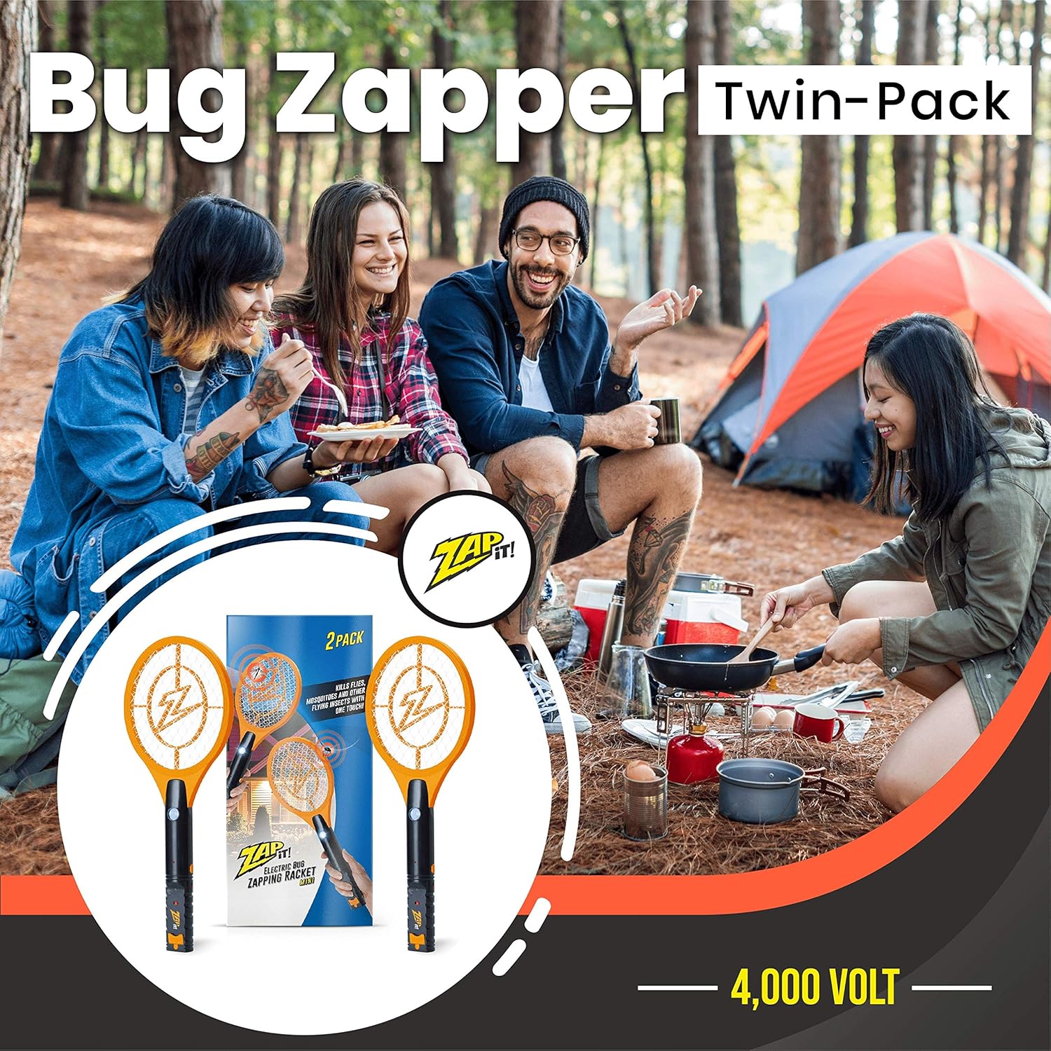Zap It Bug Zapper Rechargeable Bug Zapper Racket, 4,000 Volt, USB Charging Cable, 2 Pack : Patio, Lawn & Garden