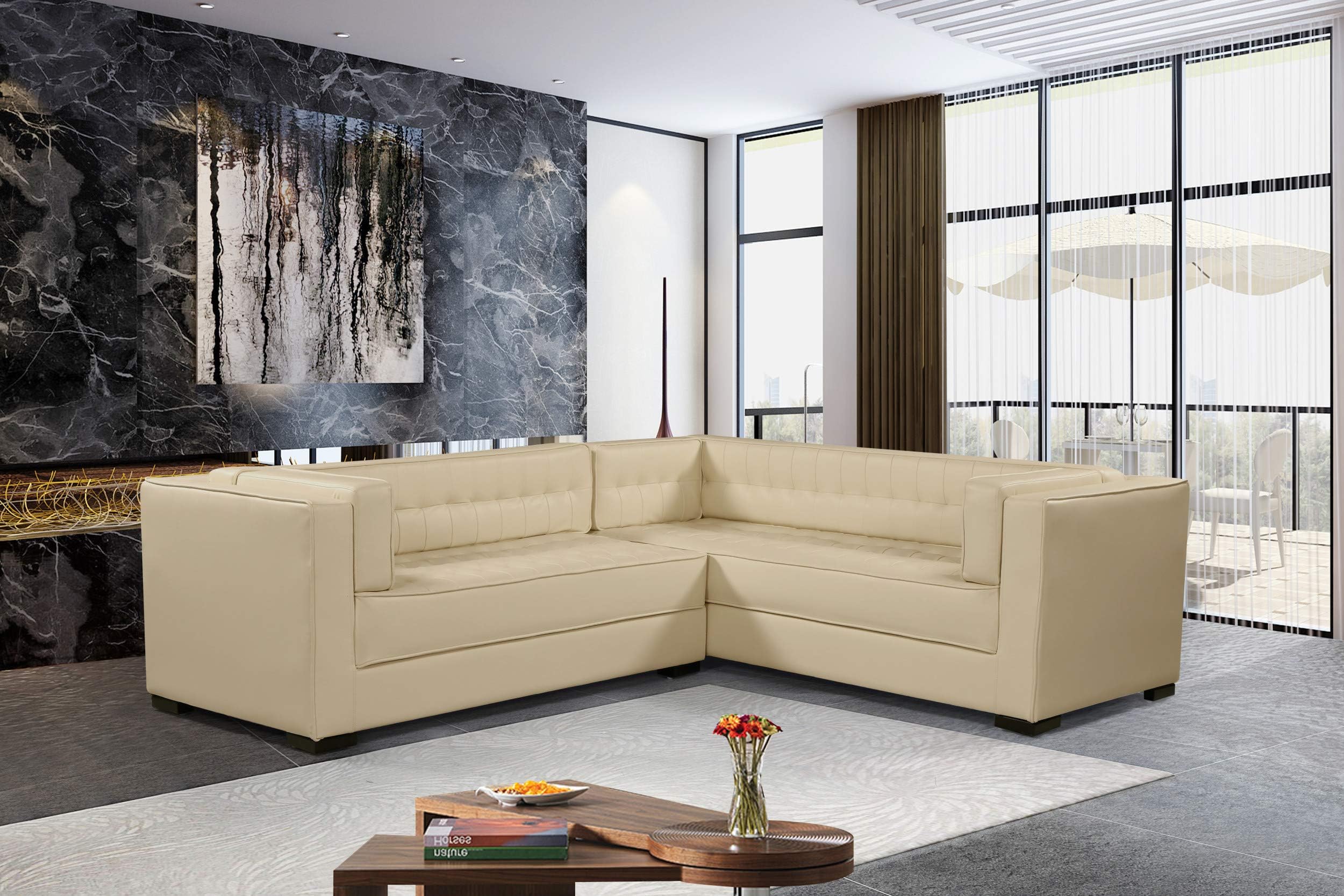Iconic Home Lorenzo Right Facing Sectional Sofa L Shape PU Leather Upholstered Tufted Shelter Arm Design Espresso Finished Wood Legs Modern Transitional, Cream
