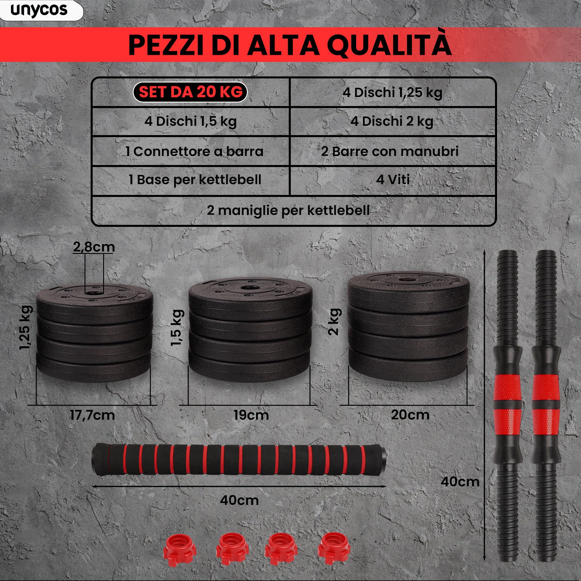 unycos - Manubri Regolabili con Dischi 20 kg【E-Book con 50 Esercizi】Coppia di Pesi con Barra di Collegamento Antiscivolo per Allenamento, Palestra in Casa, Fitness (Red Transformer)