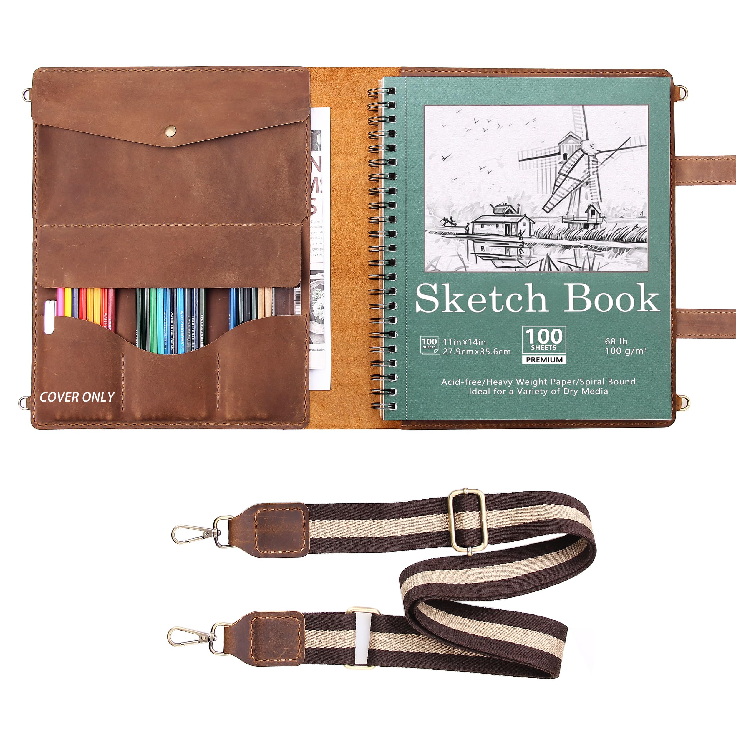Robrasim Handmade Leather Sketchbook Cover, Artist Sketch Pad Holder for 11"X14" Sketchbook, Drawing Book and Pencil Case, Journal Notebook Portfolio
