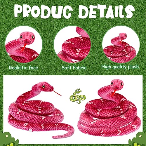 Miniatura 4 de Hiboom Serpiente gigante de peluche grande, serpiente de peluche realista, juguete de serpiente realista, regalo para fiesta de cumpleaños (rosa, 71