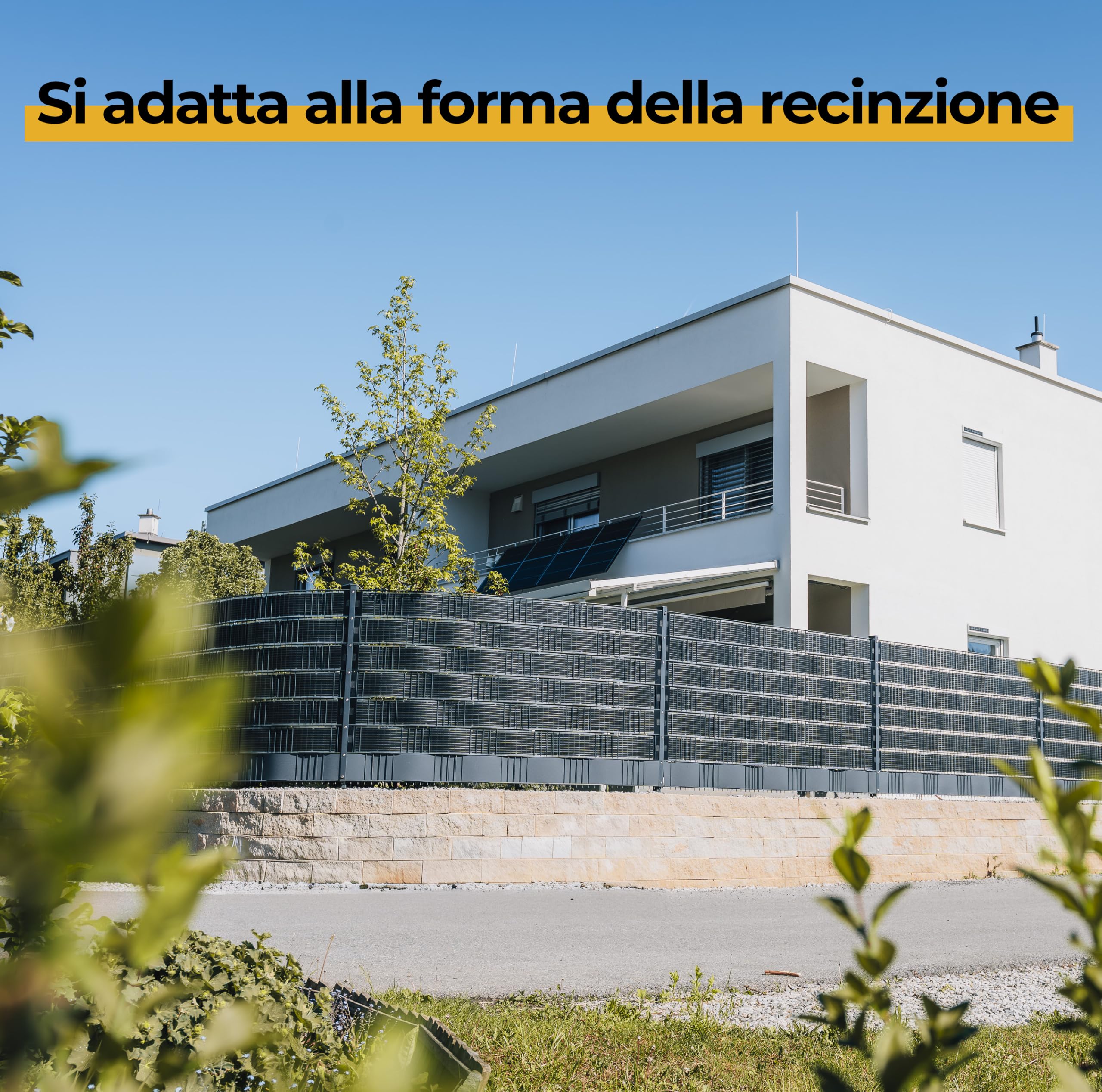 VERTICAL+ Impianto solare da recinzione 2,5m – Strisce PV frangivista bifacciali per recinzione a doppio filo, 468 Wp, Kit completo con microinverter 800W e cavo Schuko 10m, Pronto da spina