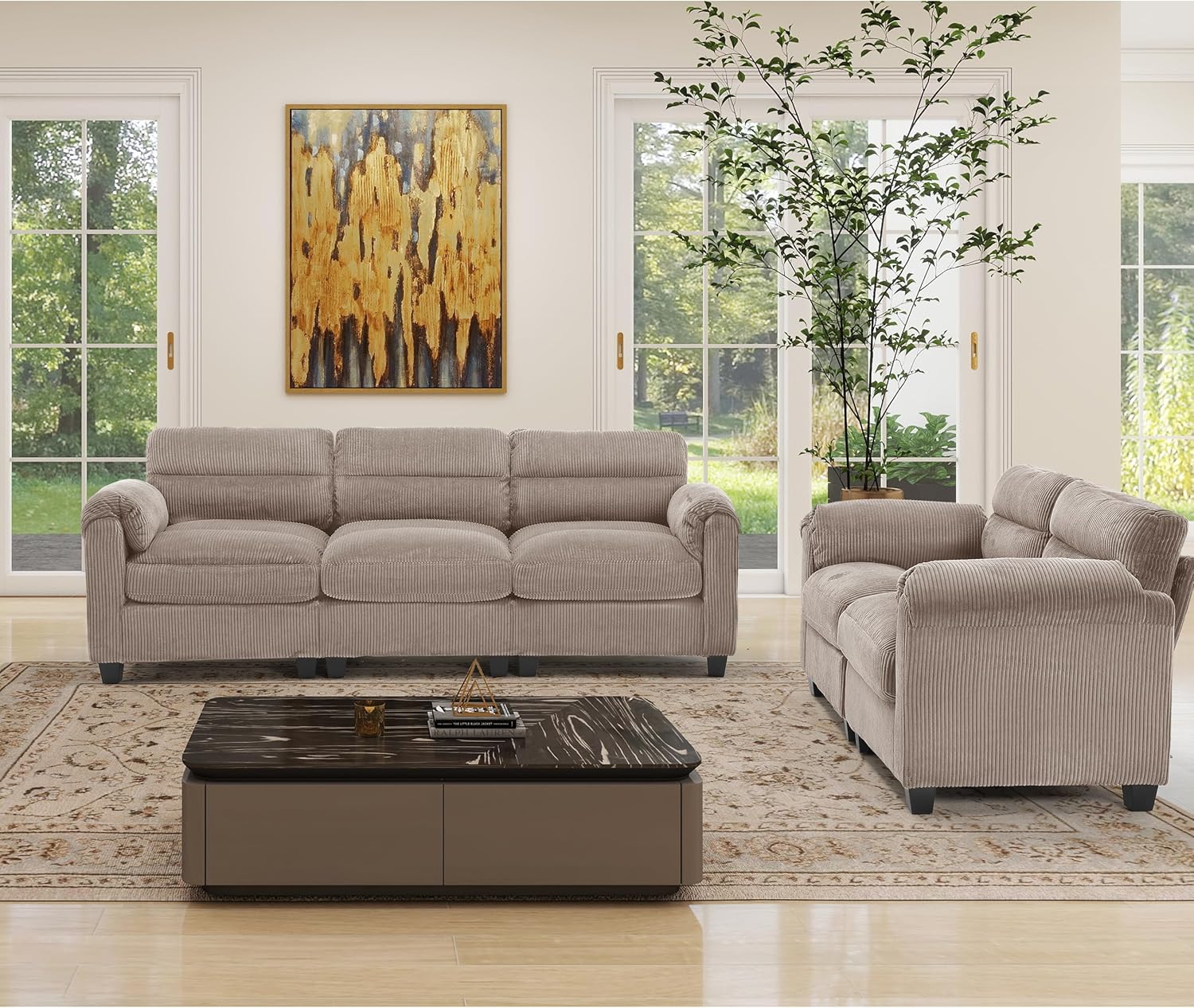 Corduroy Sofa Set,Upholstered Loveseat, and 3-Seater Couch with Plush Cushions and Rolled Arms, Modern Living Room Furniture Sets,Brown